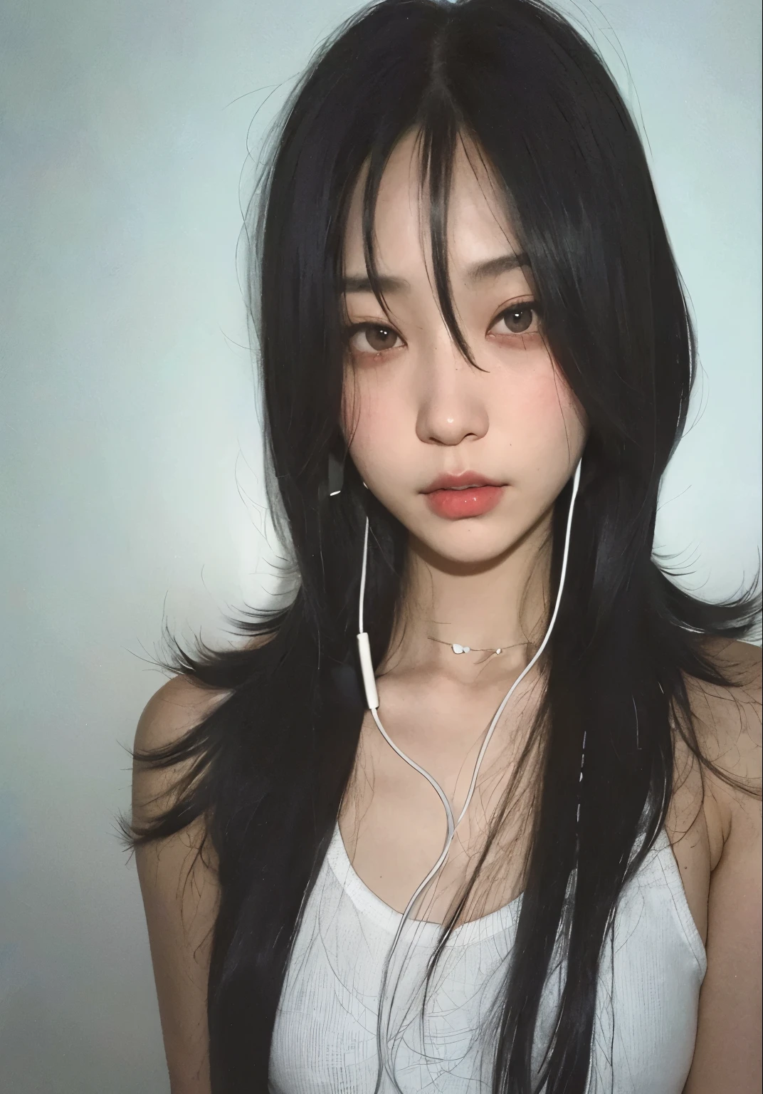 arafed asian woman with headphones and a white tank top, ulzzang, girl cute-fine-face, sui ishida with black hair, hair whitebangs hair, ilya kuvshinov with long hair, jinyoung shin, white hime cut hairstyle, she has black hair with bangs, black hime cut hair, with long hair, shiori teshirogi