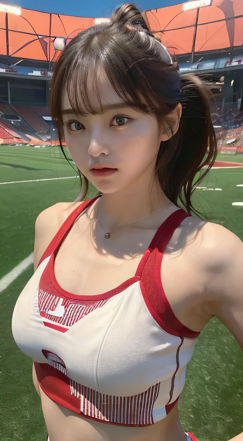 ((highest quality, 8k, masterpiece :1.3)), double eyelid, ((Athletics:1.5, sports:1.2)) ((Athletics場:1.5)), cute, big breasts, running, beauty, Beautiful woman, beautiful and detailed eyes, professional lighting, Simple red tank top, Athletics場, outside