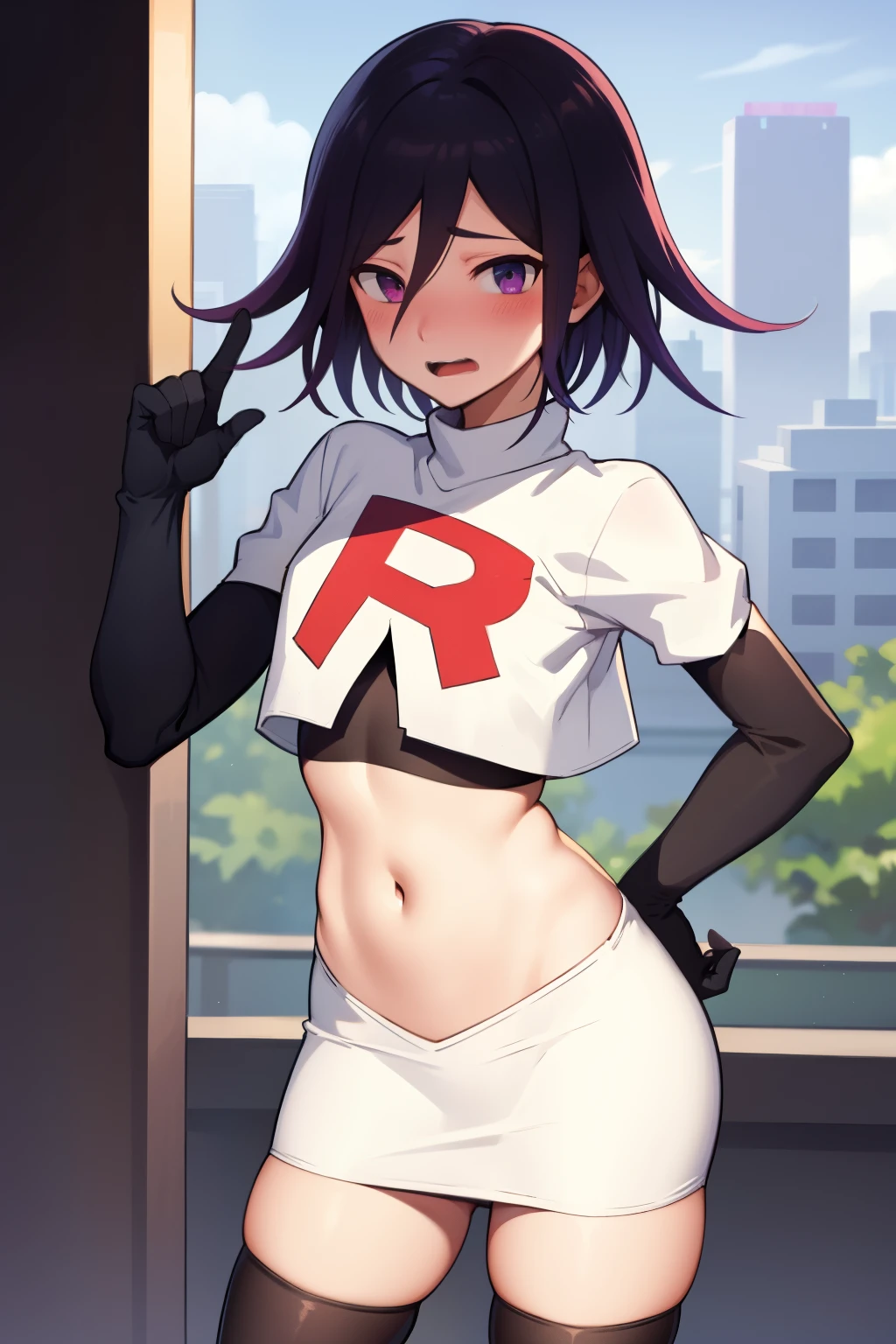 absurdres, cowboy shot, solo, male focus, trap, 1boy, crossdressing,1boy, oma kokichi, team rocket,team rocket uniform,white skirt,red letter R,crop top,black thigh-highs,black elbow gloves, embarrassed, blush