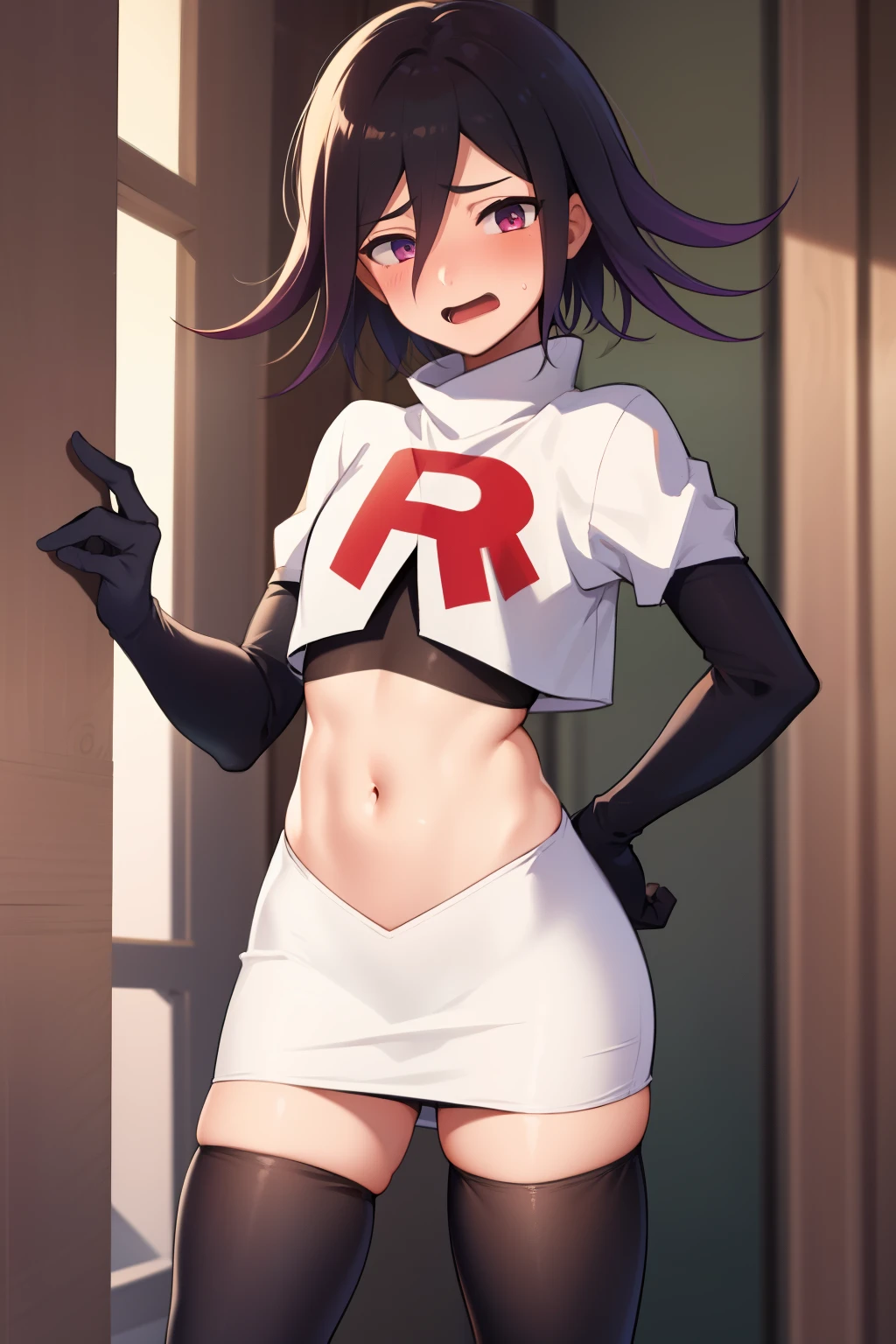 absurdres, cowboy shot, solo, male focus, trap, 1boy, crossdressing,1boy, oma kokichi, team rocket,team rocket uniform,white skirt,red letter R,crop top,black thigh-highs,black elbow gloves, embarrassed, blush