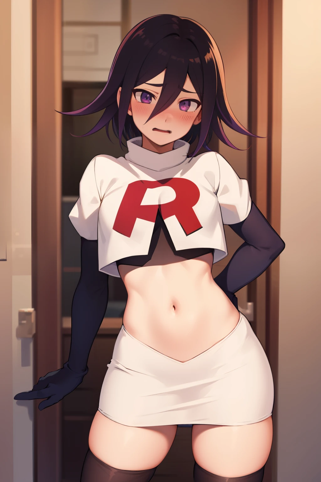 absurdres, cowboy shot, solo, male focus, trap, 1boy, crossdressing,1boy, oma kokichi, team rocket,team rocket uniform,white skirt,red letter R,crop top,black thigh-highs,black elbow gloves, embarrassed, blush