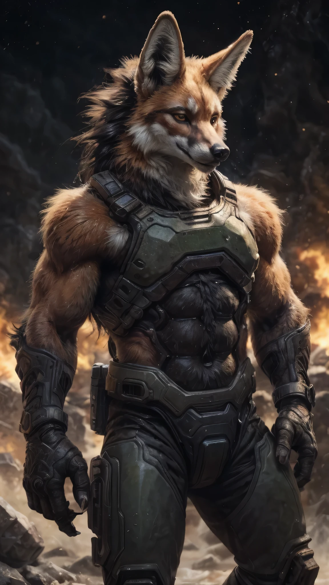 High detail, film, cinematic, realistic, masterpiece, male with(gun), (DOOM3), maned wolf, anthro, furry, maned wolf ears, detailed fur, solo, hell, mars, absurdres, best quality, HDR, high quality, high-definition, extremely detailed, 8k wallpaper, intricate details, 8K uhd, Full-HD, (by darkgem:0.7), (by shibashake:1.0), ((by darkvan:)), ((by oouna)), (by pino daeni:1.2)