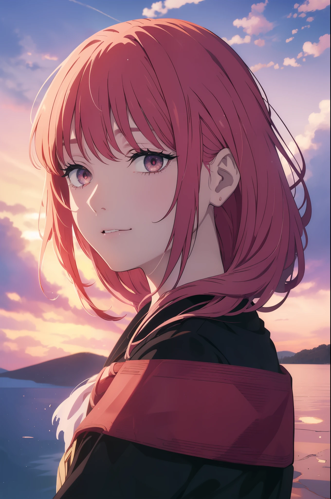 ((((Obra maestra, La mejor calidad, ultrahigh resolution)))), 1girl, looking at viewer, standing, upper body, red hair, beautiful face, outside, wind blowing, detailed face, eyeliner, detailed red gradient eyes, shiny red eyes, black pupils, school uniform, face focus, smile
