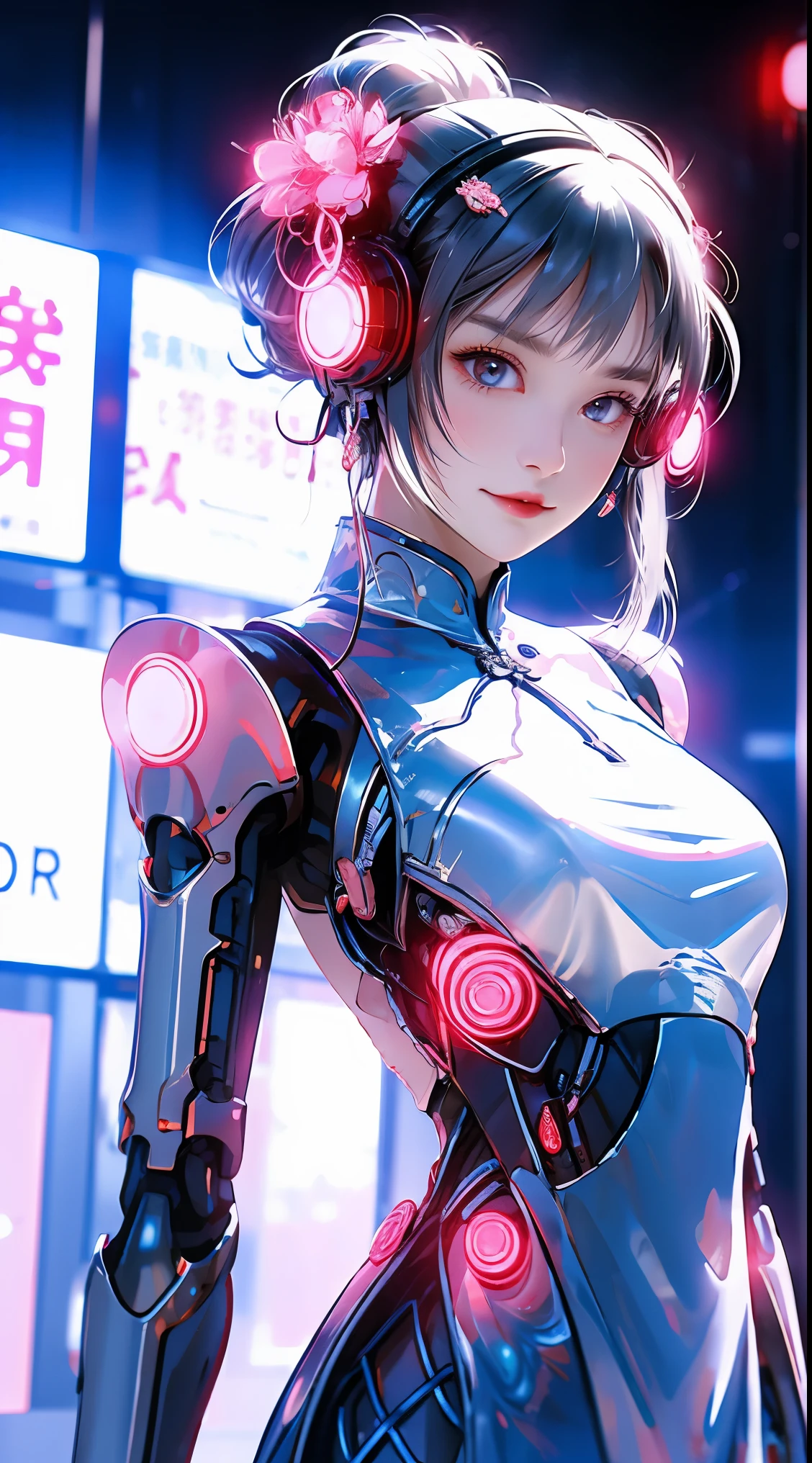 1 girl, Chinese_clothing, liquid silver and pink, cyberhan, cheongsam, cyberpunk city, dynamic poses, Luminous headphones, Luminous hair accessories, long hair, Luminous earrings, glow necklace, cyberpunk, 高science and technology城, full of mechanical and futuristic elements, futuristic, science and technology, glowing neon lights, pink, blue light, Transparent tulle, Transparent streamers, laser,