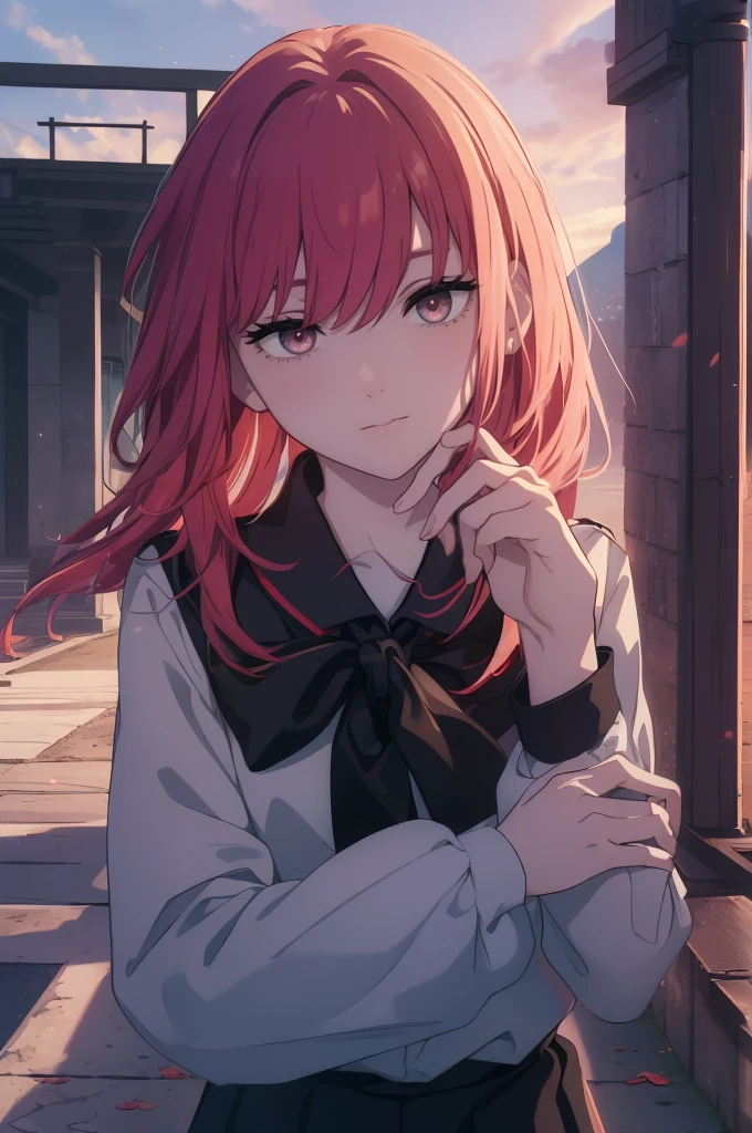 ((((Obra maestra, La mejor calidad, ultrahigh resolution)))), 1girl, looking at viewer, standing, upper body, red hair, beautiful face, outside, wind blowing, detailed face, eyeliner, detailed red gradient eyes, shiny red eyes, black pupils, school uniform, face focus, pretty smile, happy
