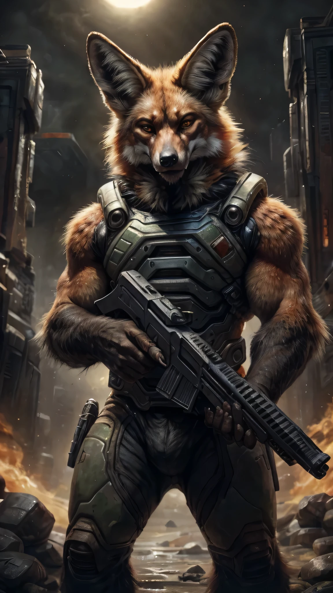 High detail, film, cinematic, realistic, masterpiece, male with(gun), (DOOM3), maned wolf, anthro, furry, maned wolf ears, detailed fur, solo, hell, mars, absurdres, best quality, HDR, high quality, high-definition, extremely detailed, 8k wallpaper, intricate details, 8K uhd, Full-HD, (by darkgem:0.7), (by shibashake:1.0), ((by darkvan:)), ((by oouna)), (by pino daeni:1.2)