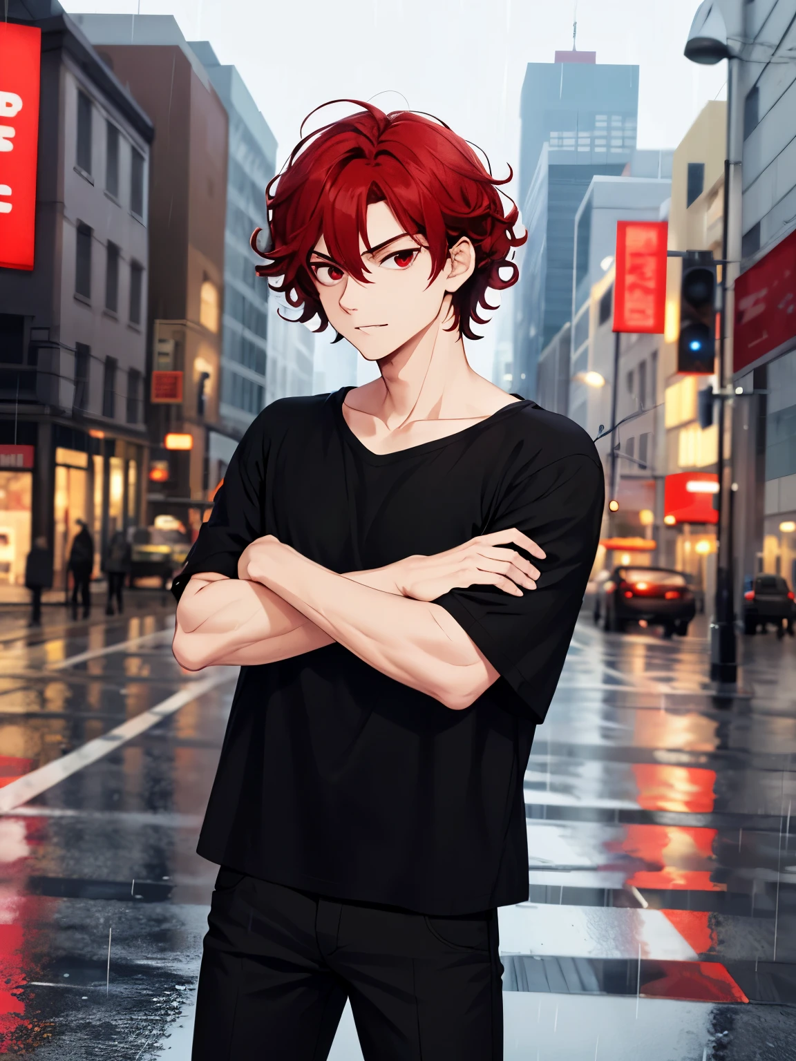 1boy, cool style,Black t-shirt,Standing in the city, rain, arms crossed,,handsome,Shoulder length hair,curly hair, red hair,black trousers, black shirt, red eyes, vampire