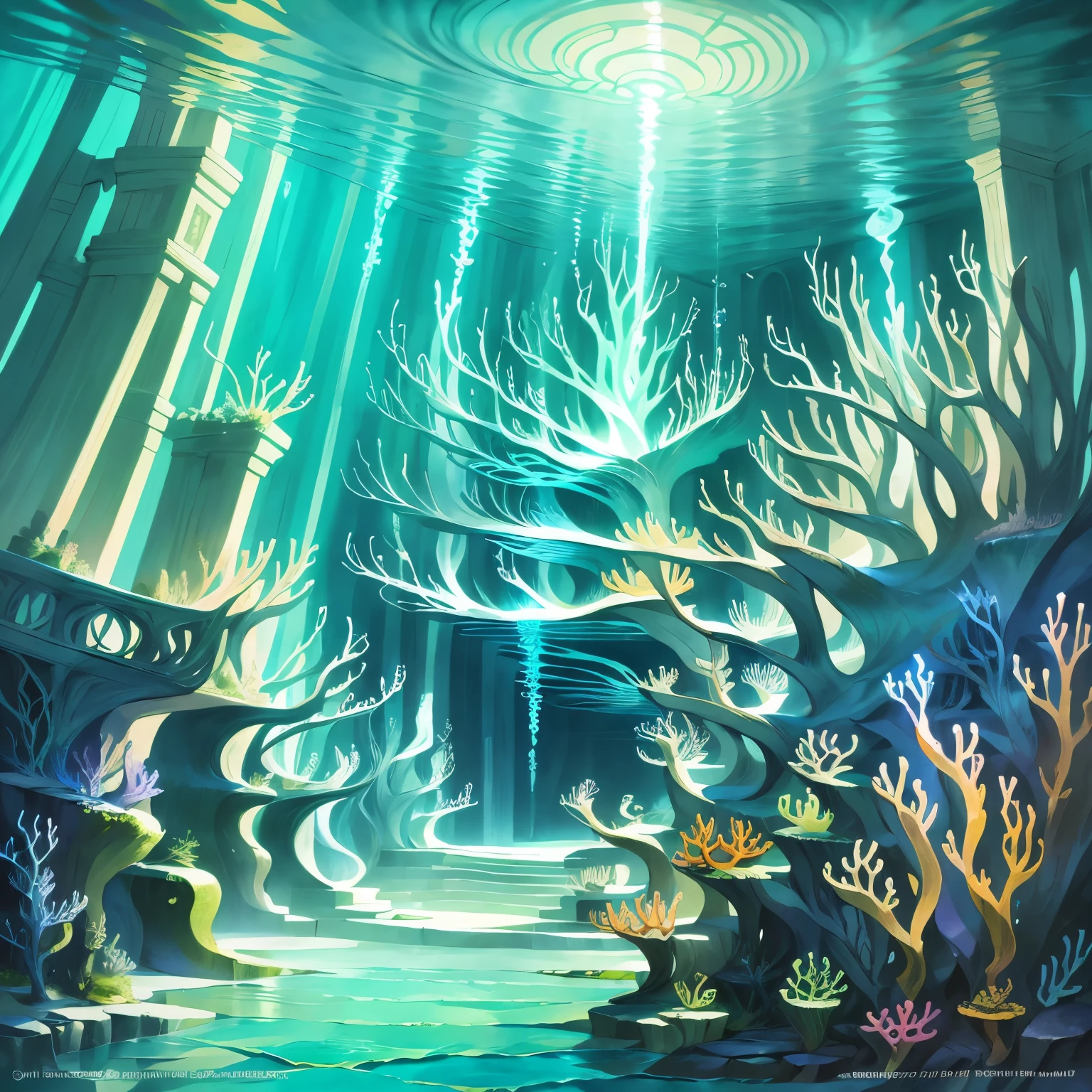 Cartoon background art scene of underwater city, Sea creatures with unique architecture and bioluminescence. Mix of Art Nouveau and Art Deco styles，Add a touch of elegance and sophistication to the scene, Smooth lines and geometric shapes blend seamlessly into the underwater environment. The scene is filled with inhabitants with unique adaptations to life in the ocean, such as gills and webbed fingers. Use the watercolor medium to add depth and texture to your scene, Phosphorescent tendrils and iridescent coral reefs add to the otherworldly beauty.