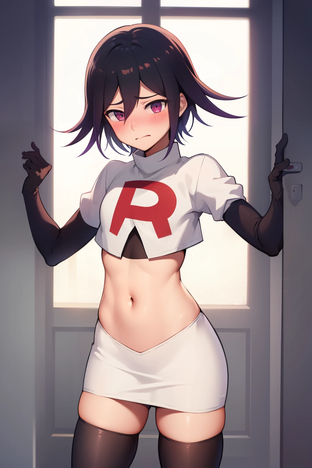 absurdres, cowboy shot, solo, male focus, trap, 1boy, crossdressing,1boy, oma kokichi, team rocket,team rocket uniform,white skirt,red letter R,crop top,black thigh-highs,black elbow gloves, embarrassed, blush