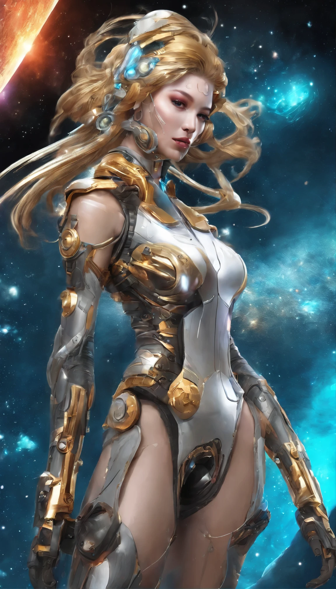 Digital art images of beautiful Asiatic woman in futuristic cybernetic armor, beautiful golden hair , in the style of 32k uhd, in the style of mamiya 7 ii, neo-pop sensibility, sana takeda, dark amber and cyan, shilin huang,masterpiece, konica auto s3