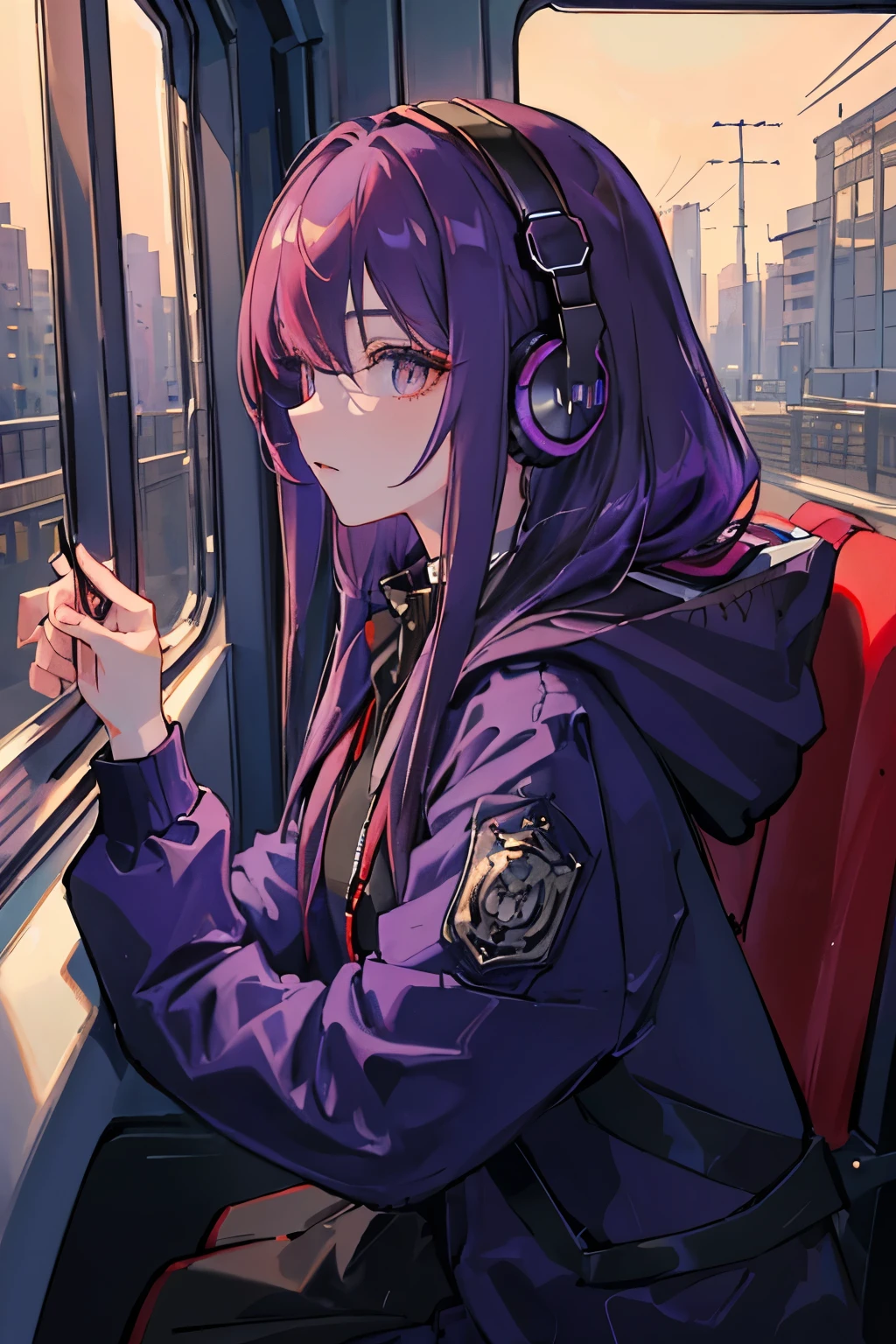 (masterpiece, side light, Super detailed, detailed and beautiful eyes: 1.2), 1 girl, bag, building, From the side, headphones, hood, hood down, hooded Jacket, hoodie, Jacket, long hair, purple hair, profile, redhead, alone, train, train interior, Upper body, masterpiece, highest quality、have a bouquet