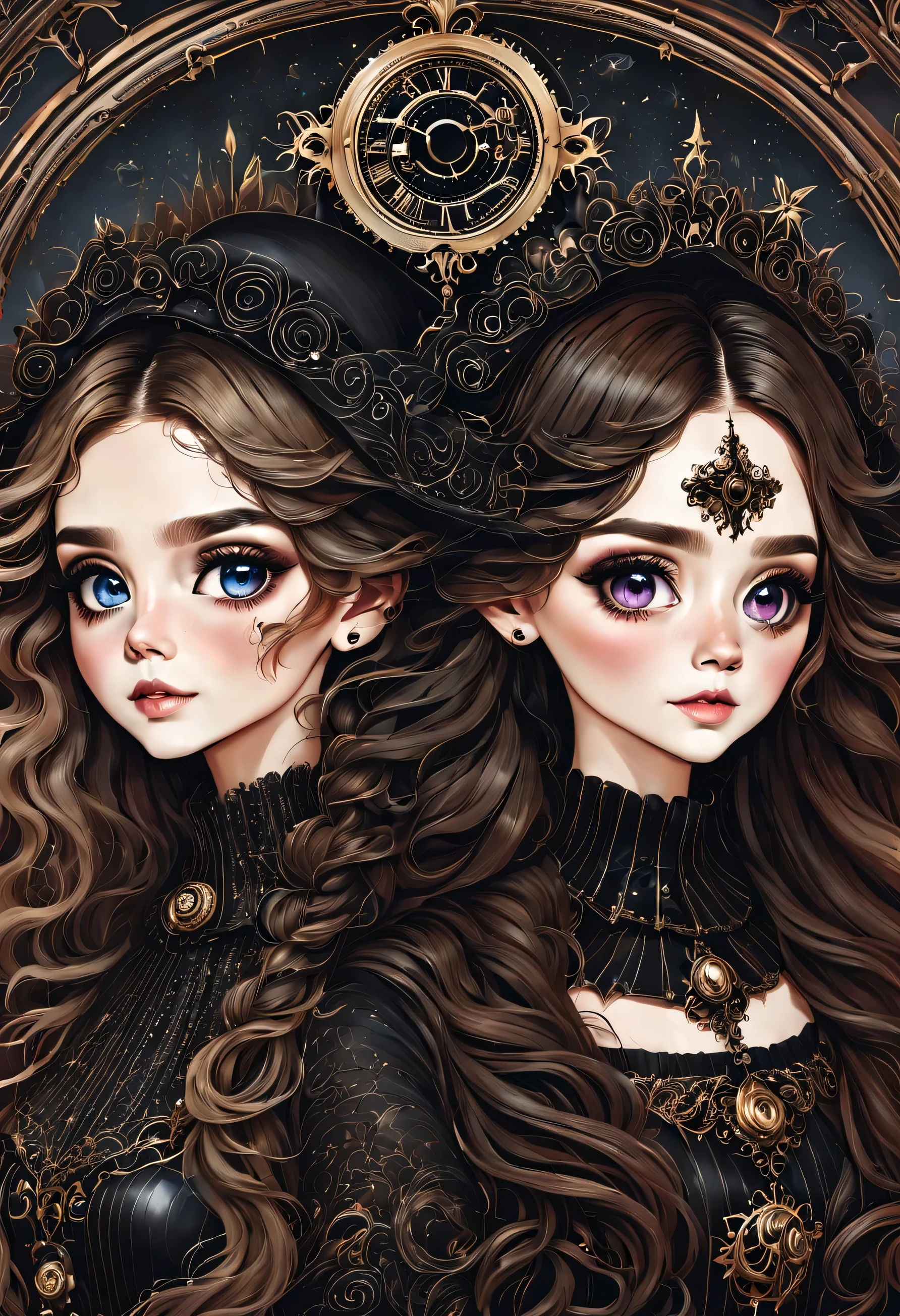 （Mejor calidad，Obra maestra：1.2，Detalles detallados）,( una pareja heterosexual estilo dark,ojos grandes，Small pieces， cabello negro esponjoso），（oscuro Gothic，Victorian steampunk gothic style）, oscuro, escenario oscuro con calaberas de adorno