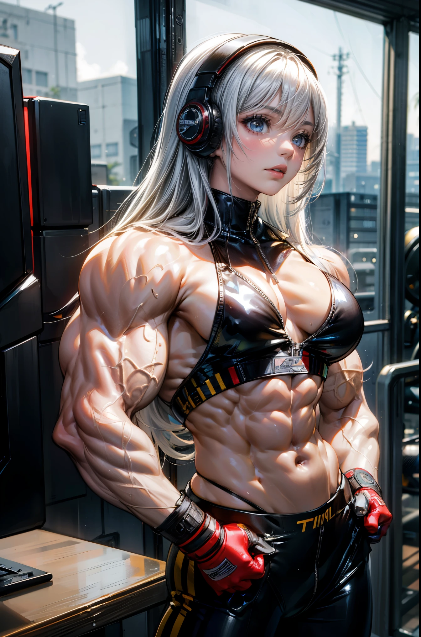 (best lighting) , (Extremely complex and detailed) , 4k unification, (Super detailed CG: 1.2) , (8k: 1.2),(The original), (masterpiece) , (best quality),(masterpiece:1.4),Anime-like high quality,(masterpiece),masterpiece, Super clear picture quality,clearer than,(delicate face)best quality, Ridiculous Easter Peace, 4k, 8k, Yes, high resolution))1个girl, female student,She is in the city of the future,cyberpunk characters,motorcyclist,Wear a helmet and headphones,Technology motorcycle,Ten strong abdominal muscles,stand up,exposed belly,Dense, raised veins on the arms,spring, Perfect body, Long silver hair, dynamic poses,legs exposed,Strong leg muscles ((bodybuilder:1.5)Cyberpunk style city,bustling,spacecraft(beautiful bass),(girl),(woman),(((Upper body:1)))