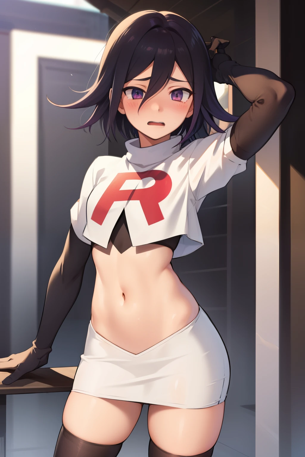 absurdres, cowboy shot, solo, male focus, trap, 1boy, crossdressing,1boy, oma kokichi, team rocket,team rocket uniform,white skirt,red letter R,crop top,black thigh-highs,black elbow gloves, embarrassed, blush