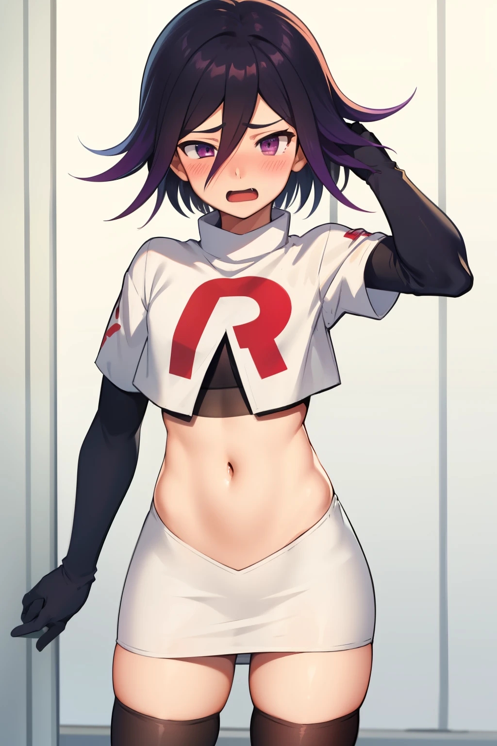 absurdres, cowboy shot, solo, male focus, trap, 1boy, crossdressing,1boy, oma kokichi, team rocket,team rocket uniform,white skirt,red letter R,crop top,black thigh-highs,black elbow gloves, embarrassed, blush