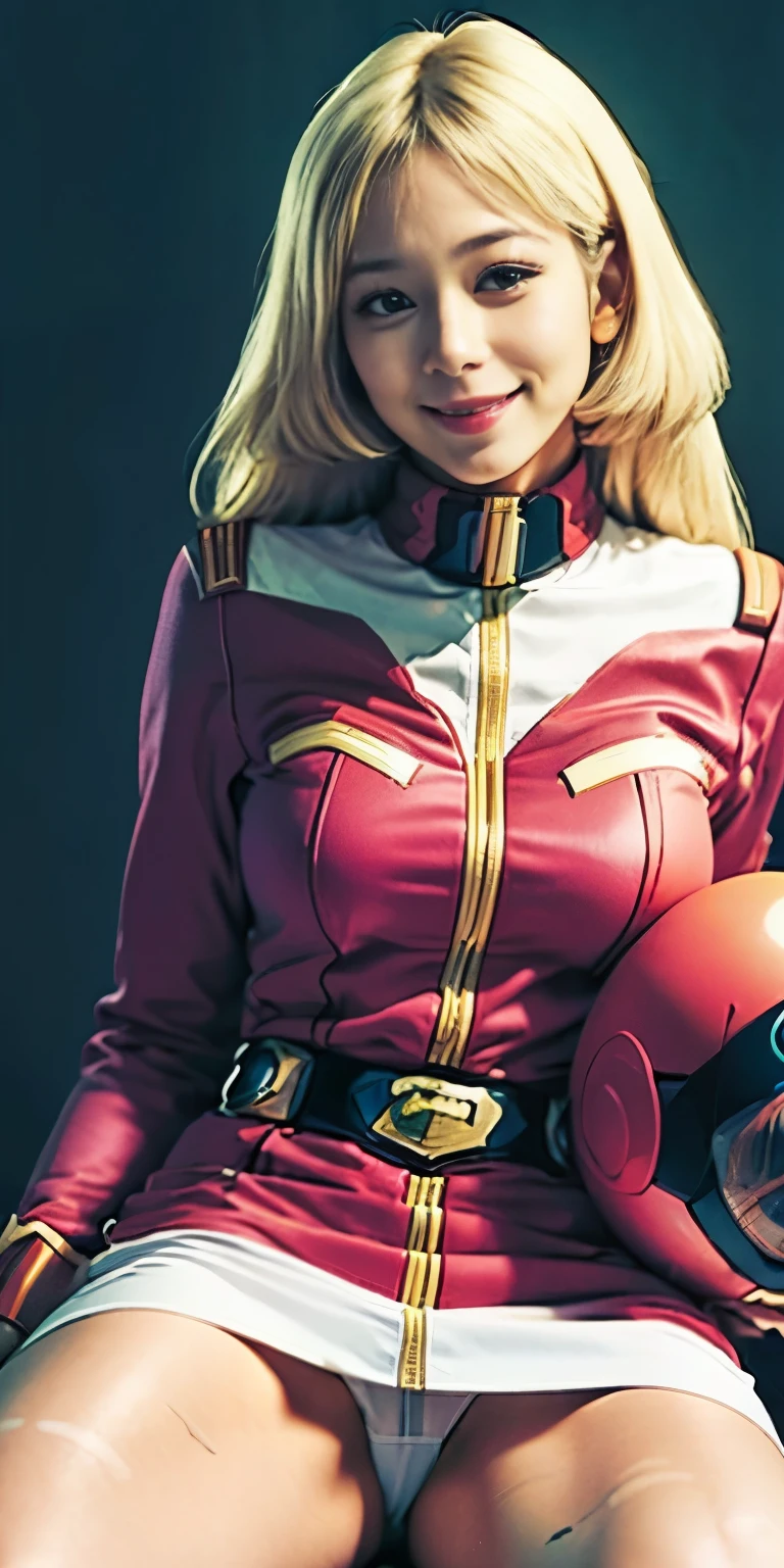 (8k、Raw photography、highest quality、masterpiece:1.2),(Blonde、very long hair:1.7),show viewer,Looking at the front,erotic,(super sentai series、Wearing a red federal army costume.:1.6)、(Clothing that emphasizes the shape of your chest:1.3)、(big breasts :1.3)、slim body shape、ultra high resolution,beautiful,beautiful fece,(alone, alone、no background:1.9),whole bodyボディー,、(black eye、japanese woman: 1.3),(Photoreal:1.37)、photon mapping,reality、(-face cute: 1.1)、(cute smile: 1.7)、(With a round face: 1.8)、radio city、Physically based rendering、depth of field rally background、photograph, (I can see your knees,close up of thighs、the skirt is too short、spread your legs、showing off white panties:1.4),whole body、super fine