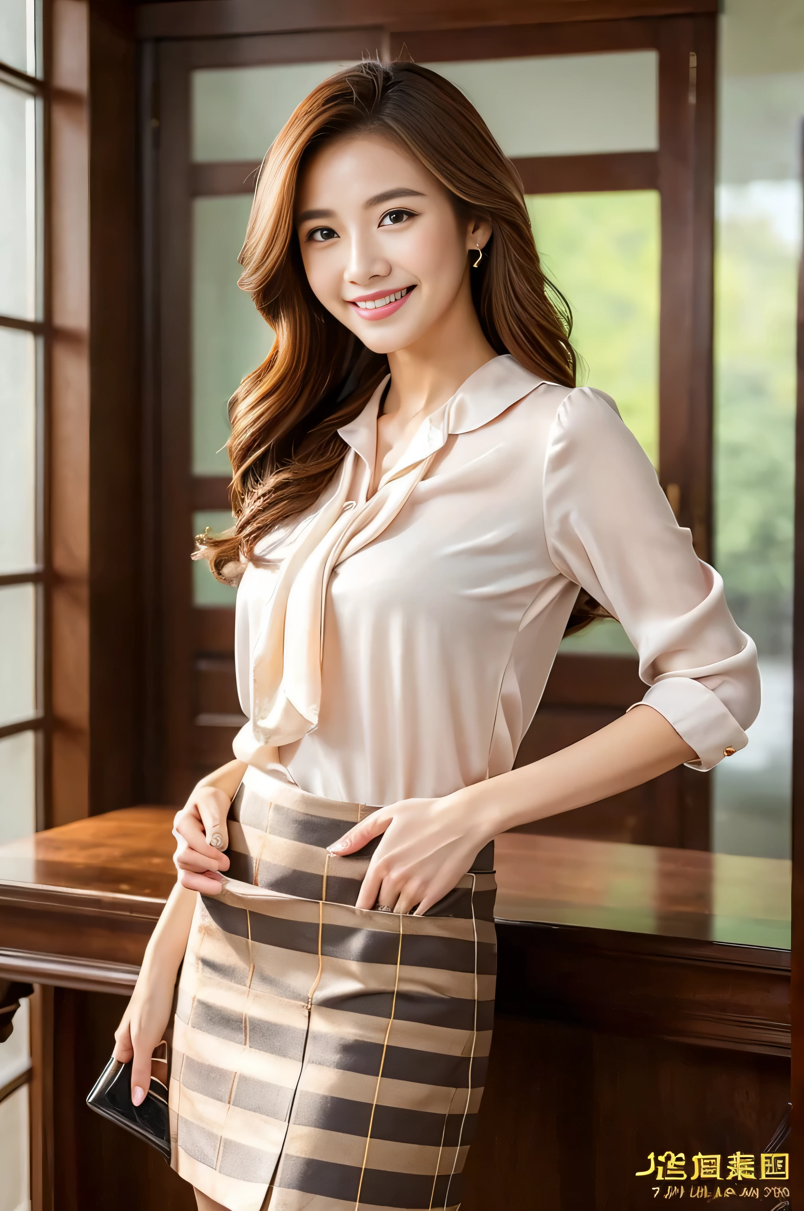 Not Safe for work contents.best quality and masterpiece,insanely detailed.hyper realistic.looking at viewer,lower body,1girl,brown hair,wavy hair,1girl in、、((full figure supermodel standing, entire body in frame))、fullbody shot、Standing gracefully、Standing with legs crossed,((shy smile:1.3))、Bewitching beautiful mature elite secretary in luxurious silk blouse、Pleated skirt with many checked folds、