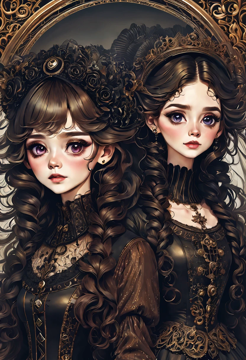 （Mejor calidad，Obra maestra:1.2，Detalles detallados）,( una pareja heterosexual estilo dark,ojos grandes，Small pieces， cabello negro esponjoso），（oscuro Gothic，Victorian steampunk gothic style）, oscuro, escenario oscuro con calaberas de adorno 32k