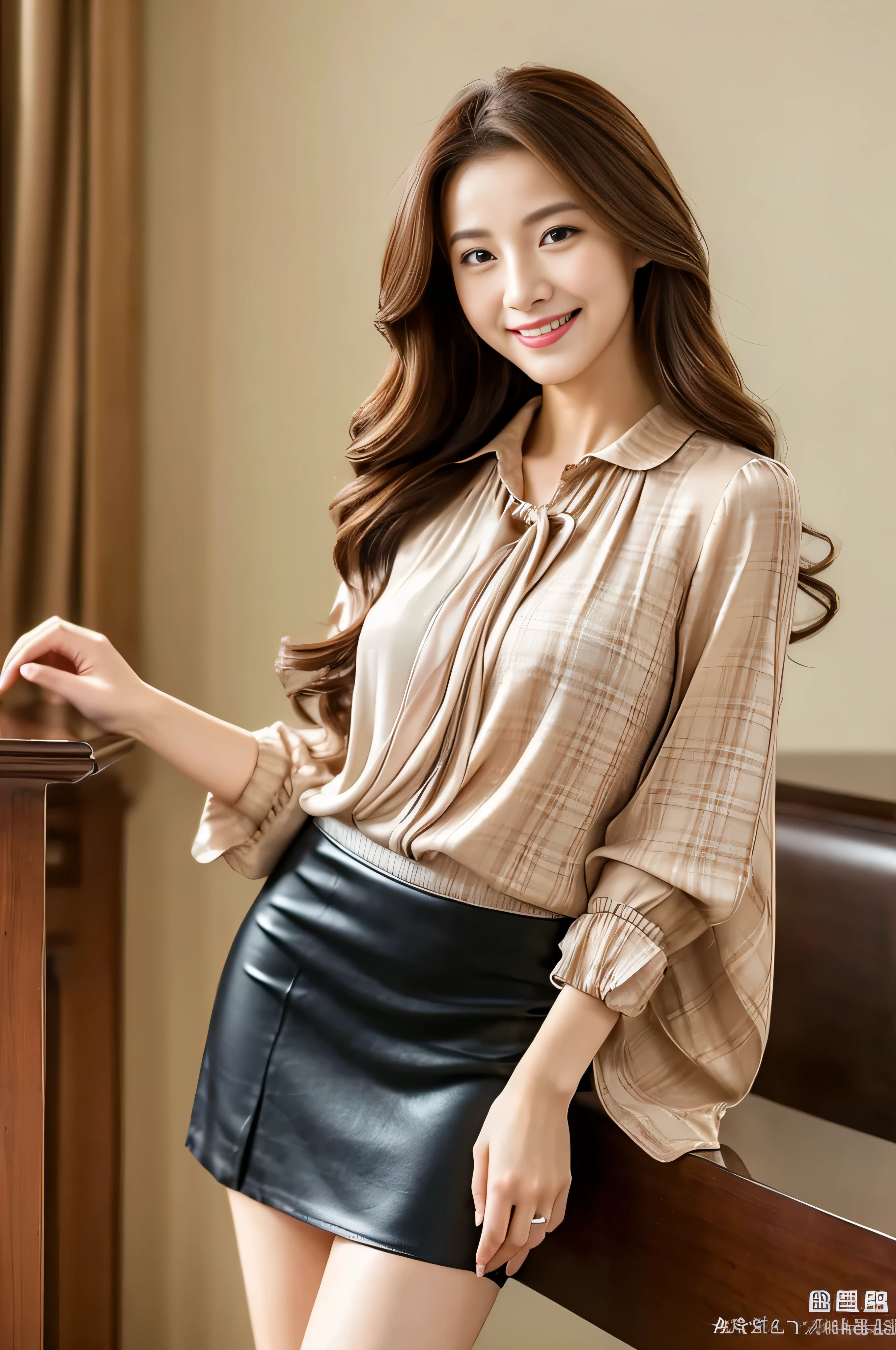 Not Safe for work contents.best quality and masterpiece,insanely detailed.hyper realistic.looking at viewer,lower body,1girl,brown hair,wavy hair,1girl in、、((full figure supermodel standing, entire body in frame))、fullbody shot、Standing gracefully、Standing with legs crossed,((shy smile:1.3))、Bewitching beautiful mature elite secretary in luxurious silk blouse、Pleated skirt with many checked folds、