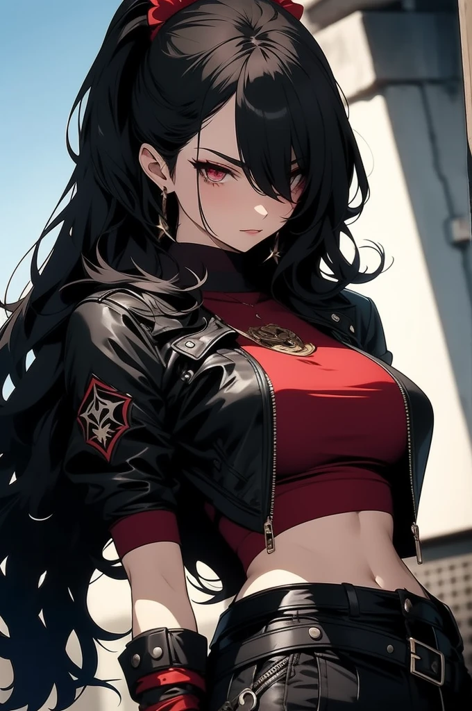 A woman dressed in a stylized ninja outfit, predominantly black with red accents, suggesting a blend of traditional ninja garb with modern elements. The outfit includes a mask covering the lower half of her face, leaving her eyes visible. These eyes convey a confident and almost playful expression. Her hair is dark and long, tied back to not obstruct her vision or movement, with a touch of red matching the accents of her attire. She is adorned with what appear to be armguards and a utility belt, likely equipped with various tools and essential weapons for a ninja. A katana is seen tied to her back. The clothing is form-fitting., masterpiece, textured skin, highres
