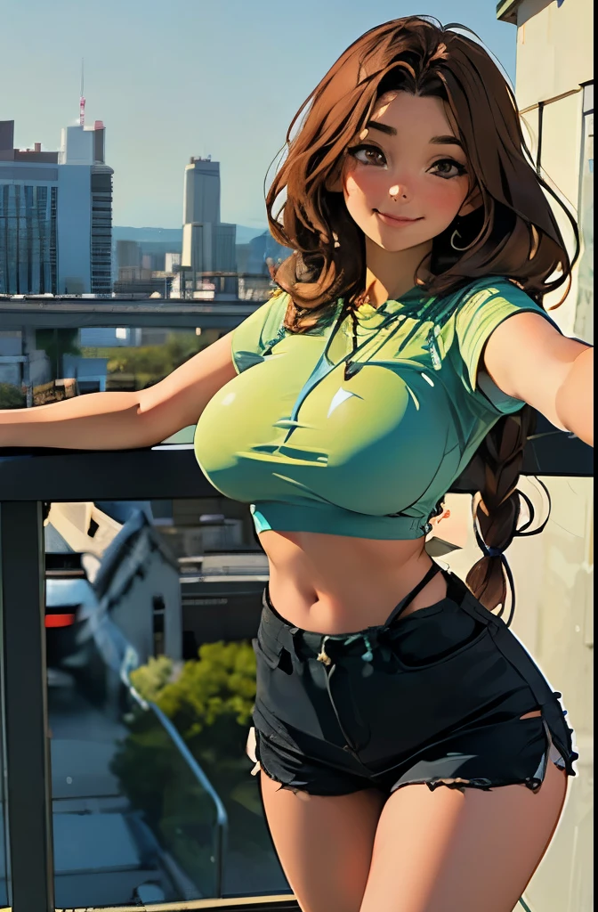 anime, 28 year old woman, taking a selfie, mischievous smile, long hair, dark hair color, stylish hairstyle, side hair long lush hair, long curls of hair pulled to the sides, Braids within the hair, curvy body, proportional body, sexy girl, beautiful mature girl, lovable character, crop top, short skirt, clarity, detailed, detailed face, very detailed drawing, smile, flirty look, city background,  saturated background, perfect composition, soft natural volumetric cinematic perfect light, masterpiece