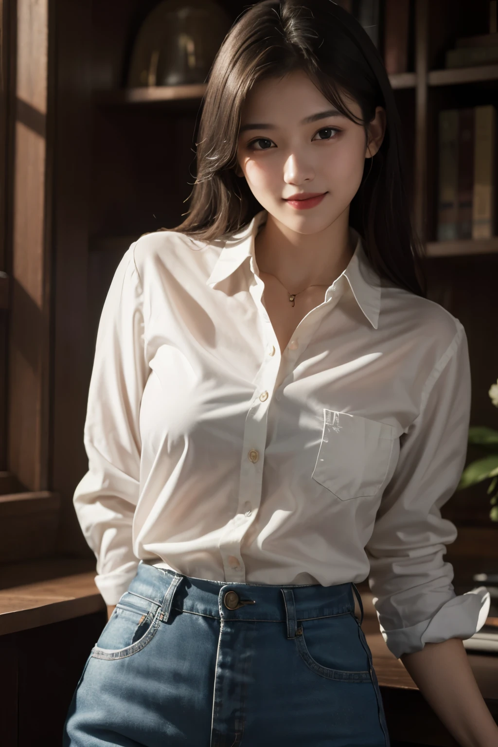 highest quality, masterpiece, (realistic:1.4), 1 girl, light smile, collared shirt, Upper body, dramatic lighting, Almost 3-dimensional from the bottom