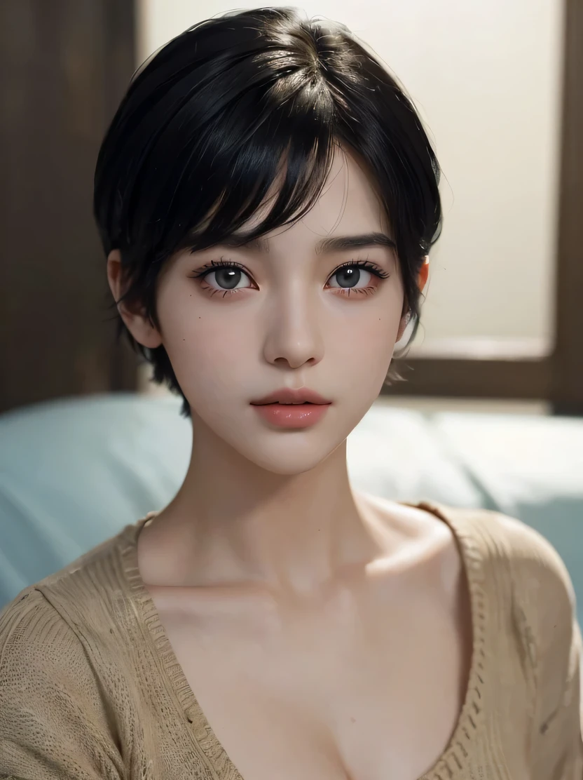 ((masterpiece、highest quality、Super detailed、High resolution、realistic、sharp focus、cinematic lighting))、(1 girl)、beautiful face、realistic face、(black hair、boyish short hair、high top fade、all back)、beautiful hairstyle、realistic eyes、fine and beautiful eyes、realistic skin、beautiful skin、sweater、confused、charm、golden ratio