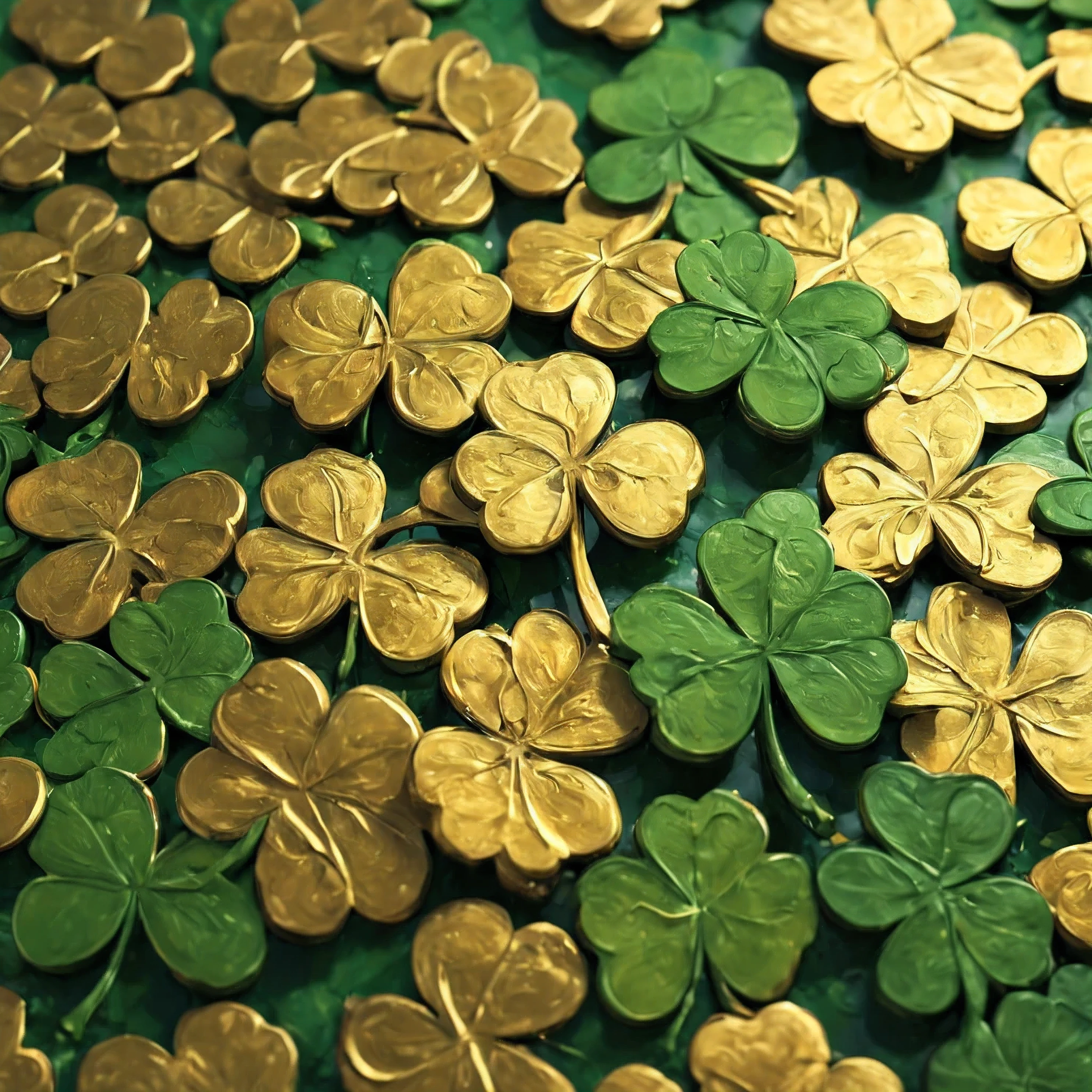 shamrocks,paint brushed,art,shamrock gold coins,colorful,vibrant scene,stamped,no background,(best quality,4k,8k,highres,masterpiece:1.2),ultra-detailed,(realistic,photorealistic,photo-realistic:1.37),acrylic or oil painting,strokes of paint,shiny texture,bright and lively colors,ethereal atmosphere,artistic composition,meticulous detailing,depth and dimension,impressionistic style,expressive brushwork,playful and whimsical,rich gold tones,scattered shamrocks,magical and dreamy,artistic interpretation,visual storytelling,dynamic and energetic,texture of the brushstrokes,dynamic lighting,high contrast,texture of the canvas,glowing highlights,subtle shadows,vivid green hues,emphasized perspective,attention to light and shadow,hidden details,creative imagination,creative interpretation.