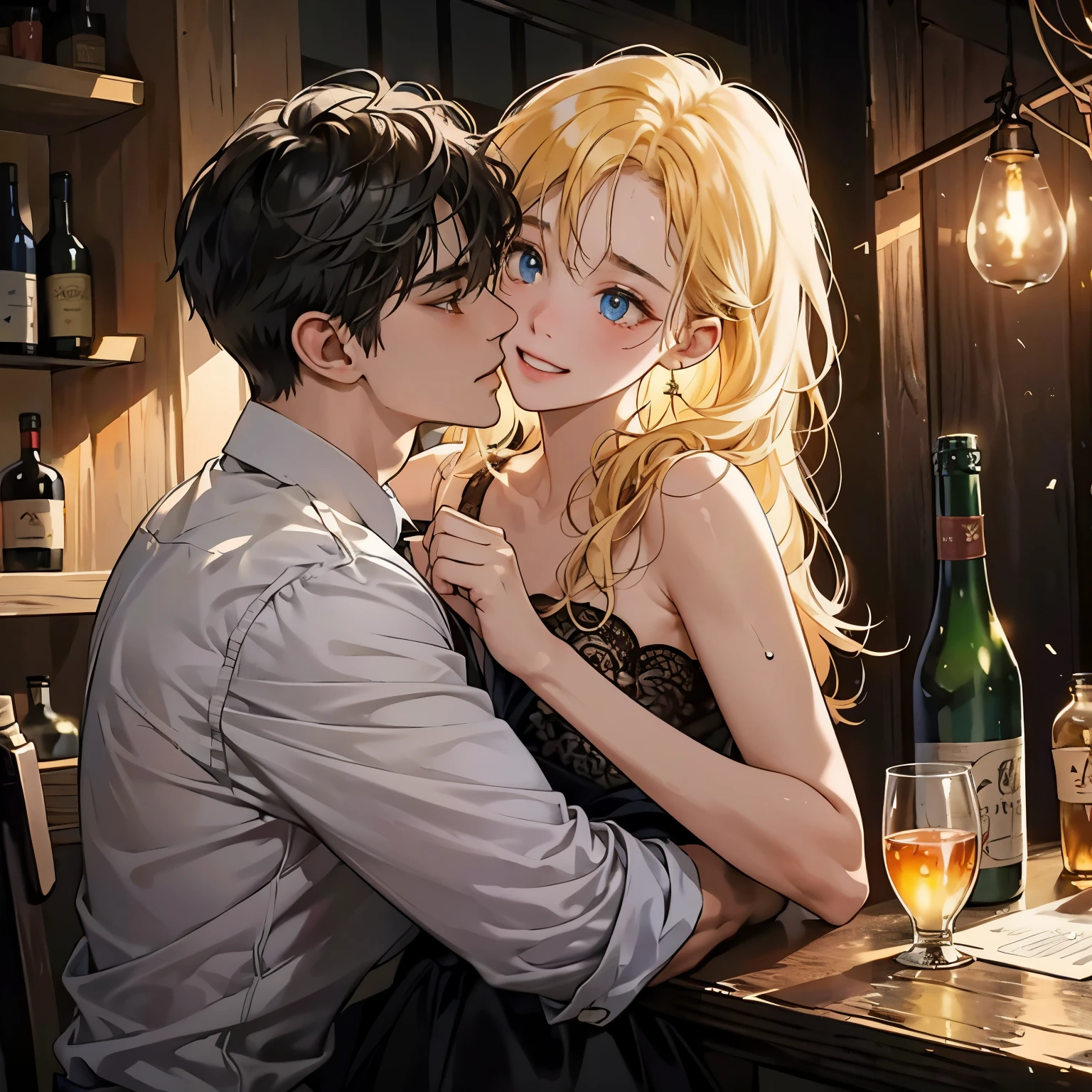 The scene of a drunk man being held in the arms of a woman. The man's body has fallen weakly in the woman's arms, and the woman holds his shoulders, showing her care and care for the man. The background of the whole picture is the environment of a bar or pub, and details such as bottles and tables can be seen, creating a strong pub atmosphere