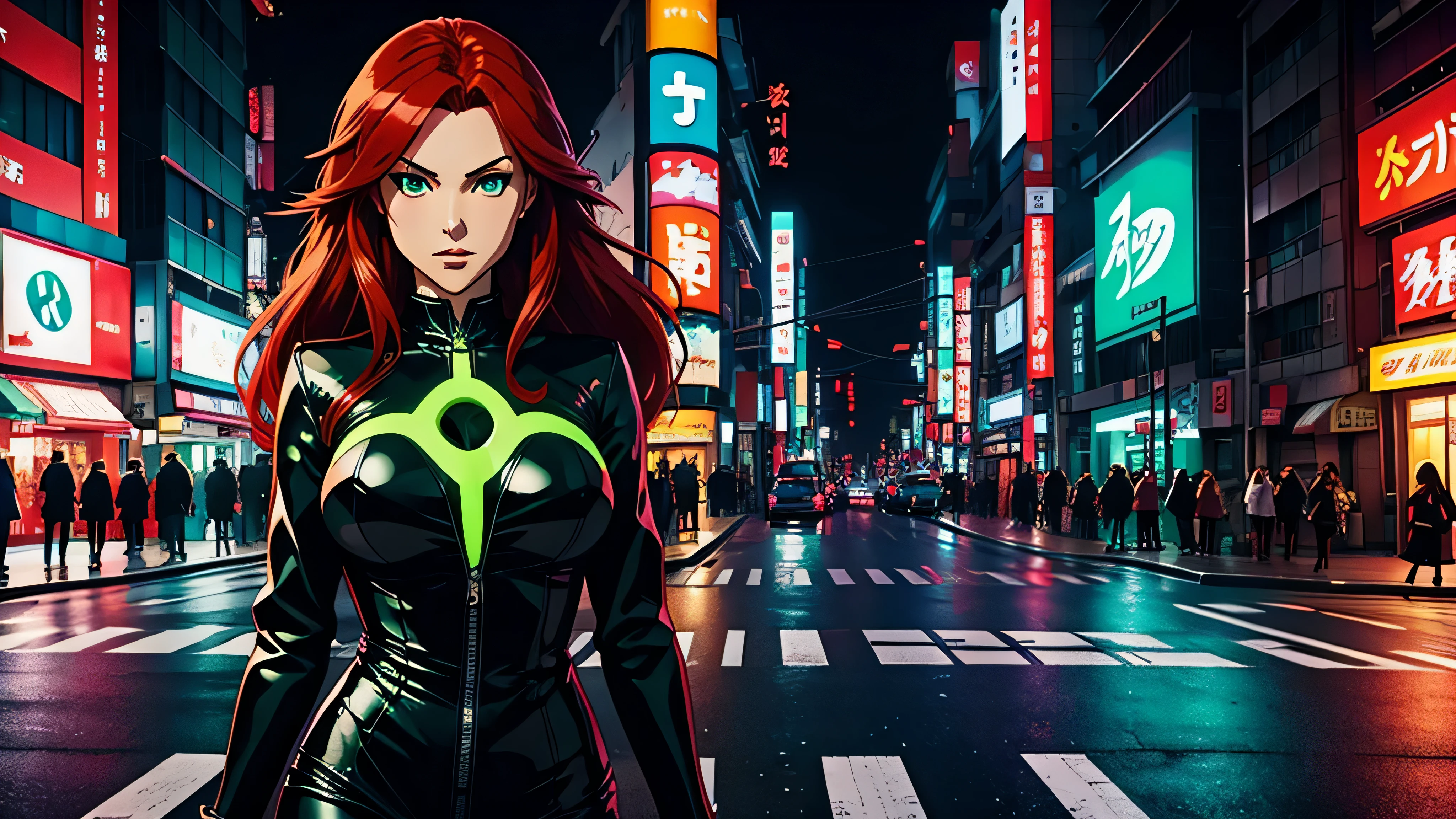 (melhor qualidade:1.2), anime,roupa de couro preto,cabelo vermelho,streets of tokyo,green neon