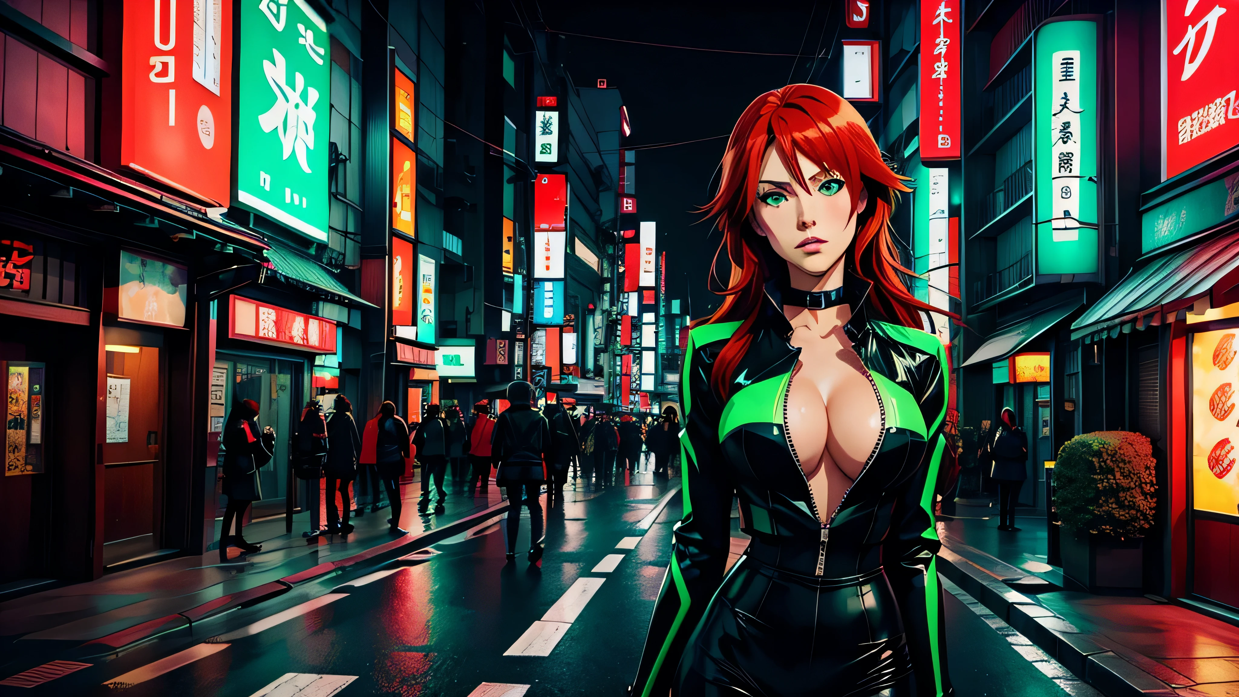 (melhor qualidade:1.2), anime,roupa de couro preto,cabelo vermelho,streets of tokyo,green neon
