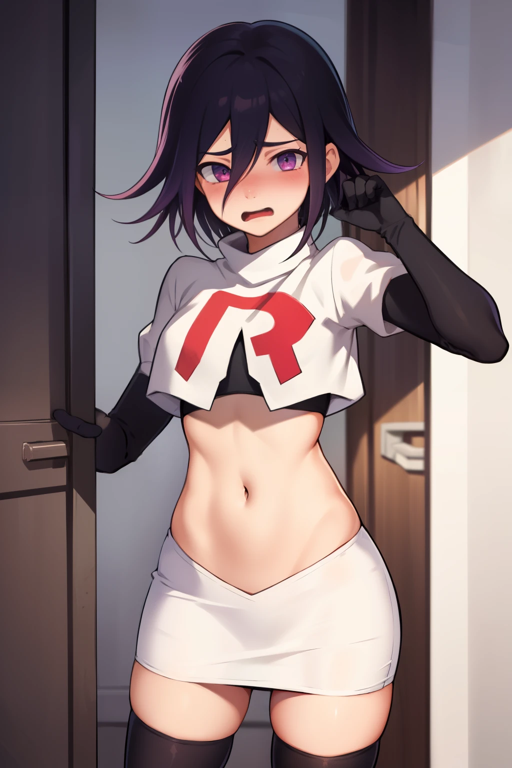 absurdres, cowboy shot, solo, male focus, trap, 1boy, crossdressing,1boy, oma kokichi, team rocket,team rocket uniform,white skirt,red letter R,crop top,black thigh-highs,black elbow gloves, embarrassed, blush