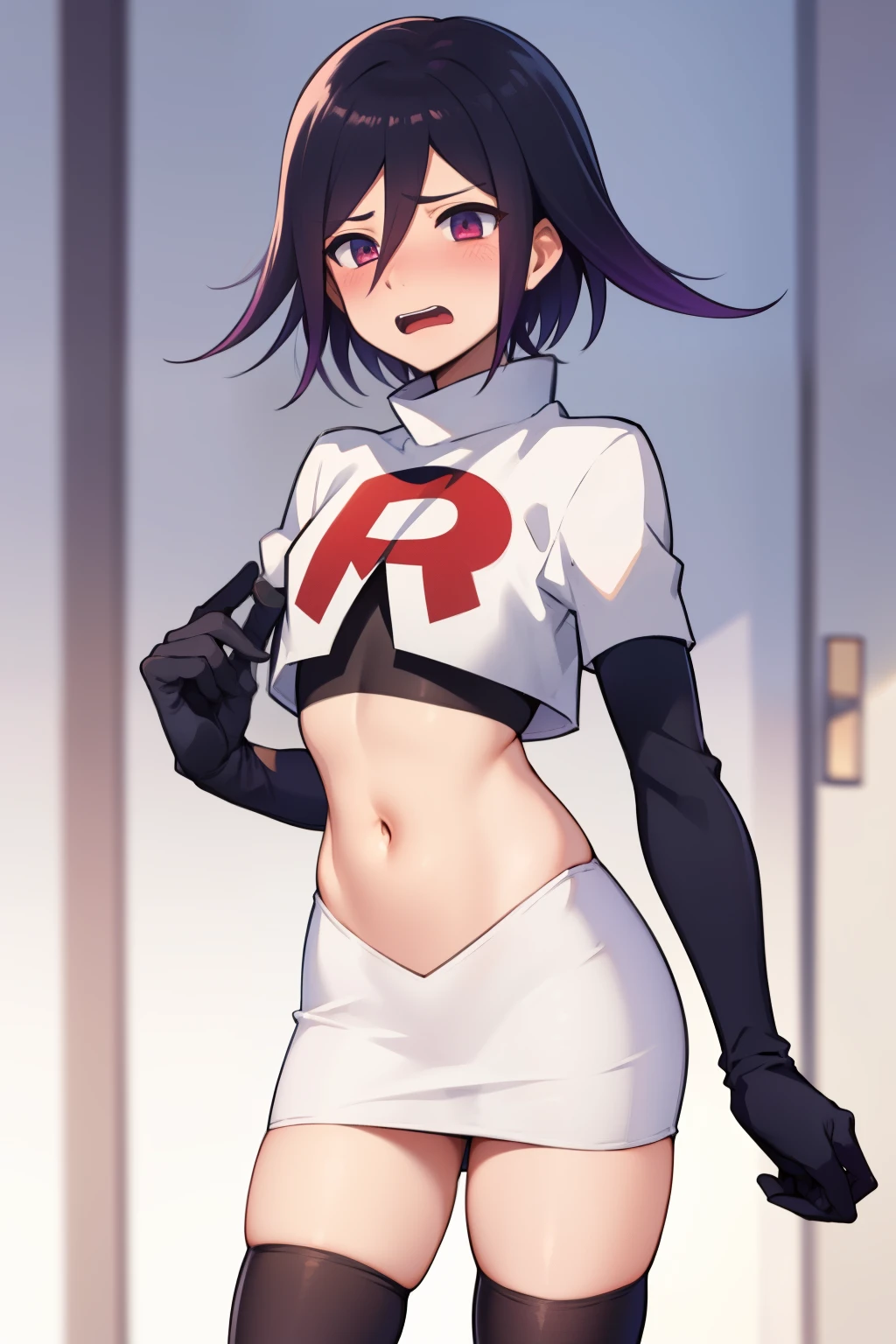 absurdres, cowboy shot, solo, male focus, trap, 1boy, crossdressing,1boy, oma kokichi, team rocket,team rocket uniform,white skirt,red letter R,crop top,black thigh-highs,black elbow gloves, embarrassed, blush