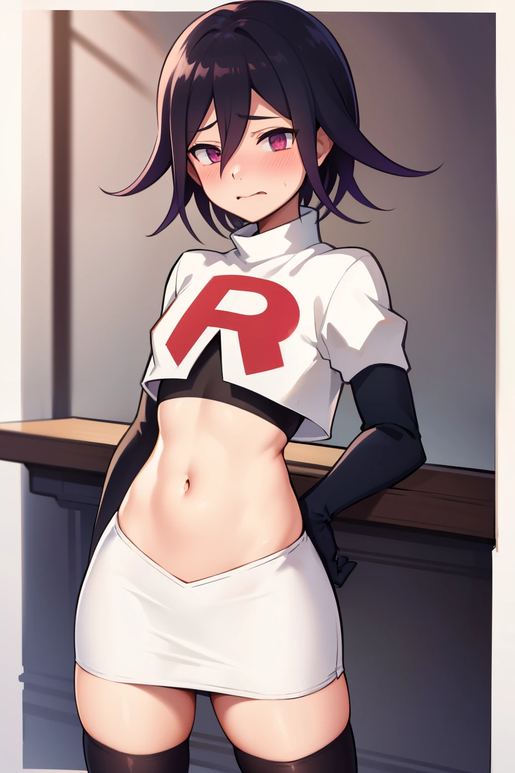 absurdres, cowboy shot, solo, male focus, trap, 1boy, crossdressing,1boy, oma kokichi, team rocket,team rocket uniform,white skirt,red letter R,crop top,black thigh-highs,black elbow gloves, embarrassed, blush