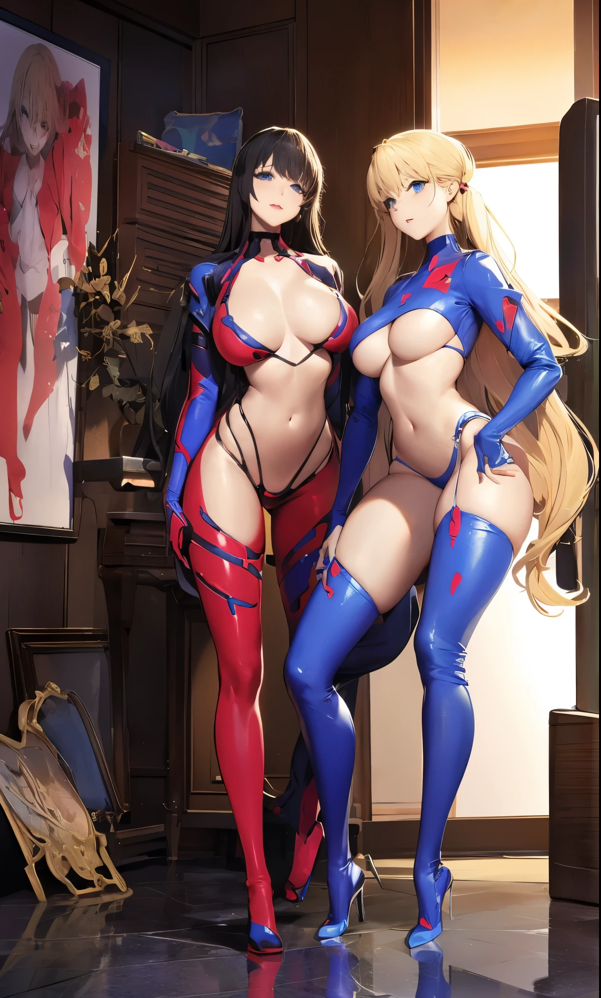 masterpiece, best quality, daughter, slim, blue eyes, hair color, Rainbow art, Unfold your long blonde hair, fair skinned, Blood vessels in the arms and chest, mediate, beautiful, Sexy, near future, cyberpunk, Spichini, bare skin, night, psychedelics, trip, Very colorful, Paisley theme, spread legs, Mechanical left arm, Full body female love, Superman S symbol in background.Eva,Asuka,Asuka,From anime《Neon Genesis Evangelion》