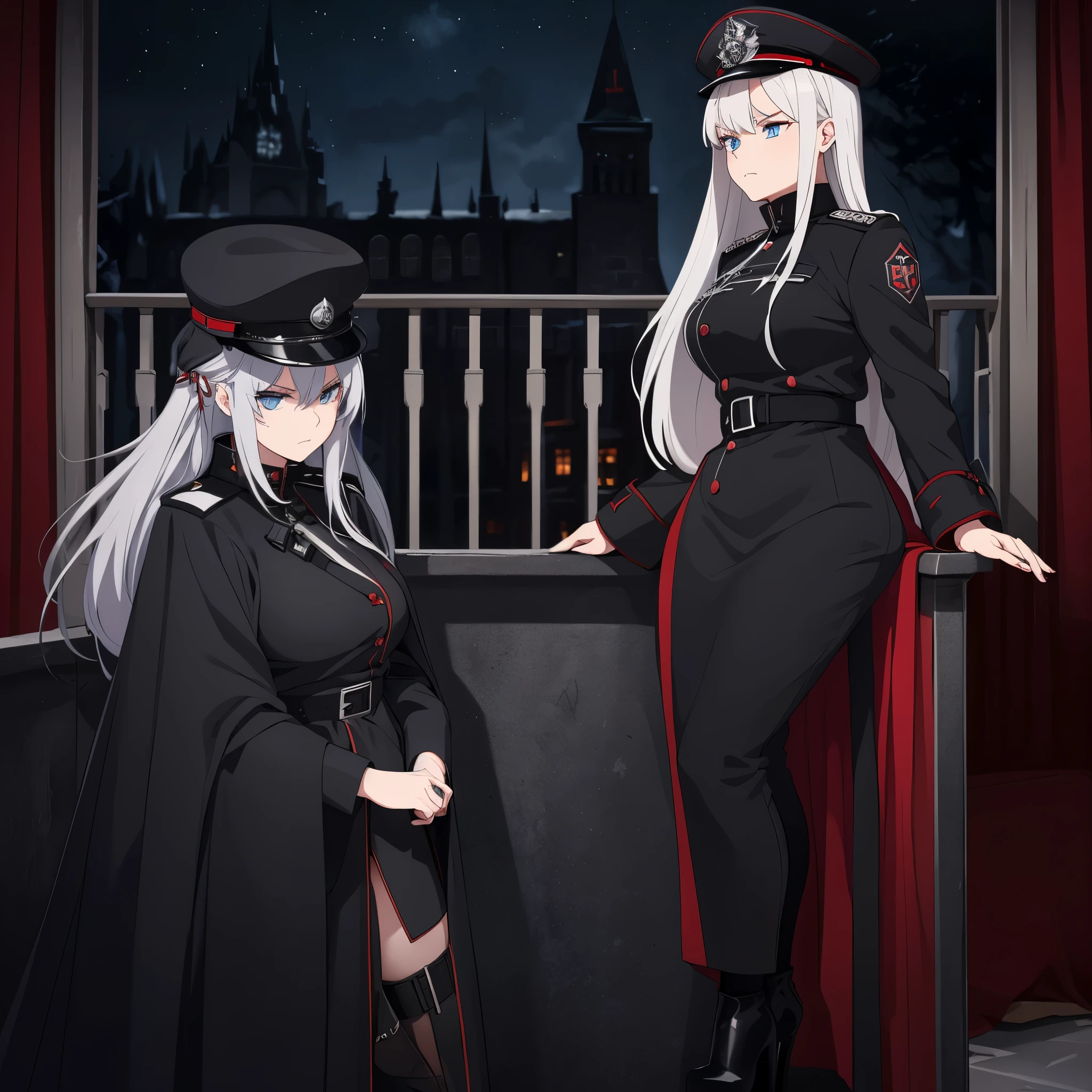 A woman, with silver hair with two red strands, hair covering her left eye, light blue eyes, wearing a long black gothic coat with a little reddish tone, with iron cross symbols on the silver coat, black officer's hat with dress detail, with iron cross on hat, heels with iron cross detail, in Nordic castle at night, serious face.