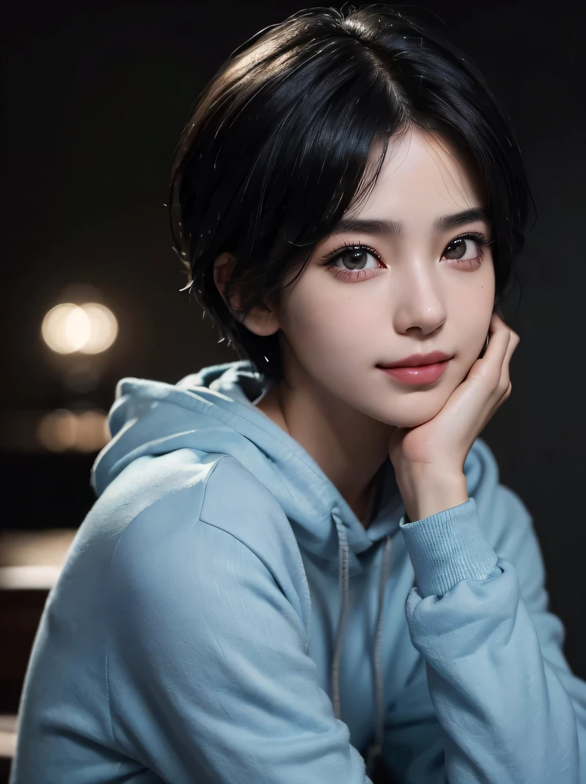 ((masterpiece、highest quality、Super detailed、High resolution、realistic、sharp focus、cinematic lighting))、(1 girl)、bust shot、beautiful face、realistic顔、(black hair、boyish short hair、high top fade、all back)、beautiful hairstyle、symmetrical eyes、beautiful eyes、beautiful skin、smile、fold your arms、thick blue hoodie、attractive appearance
