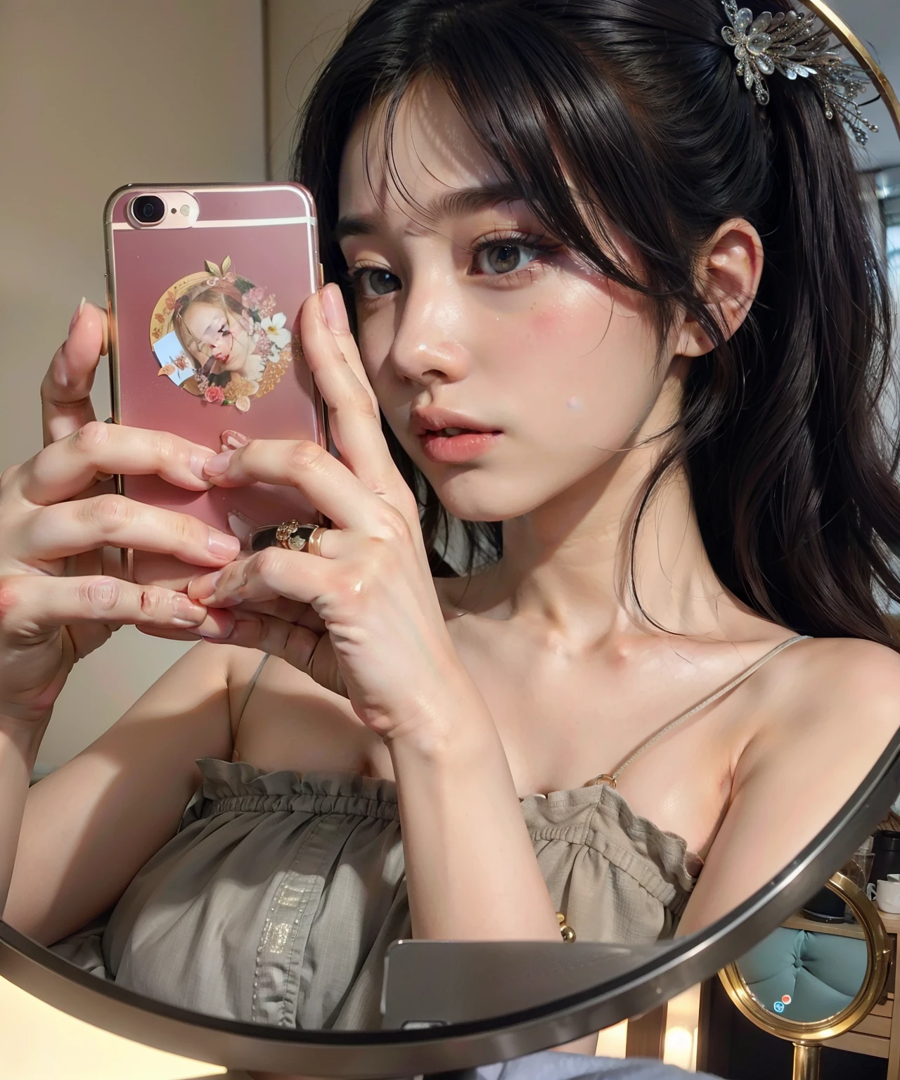 araffe woman taking a selfie in a mirror with a cell phone, ulzzang, beautiful south korean woman, korean girl, beautiful young korean woman, heonhwa choe, jinyoung shin, gorgeous young korean woman, sakimichan, dilraba dilmurat, iphone selfie, bae suzy, jaeyeon nam, profile pic, sun yunjoo