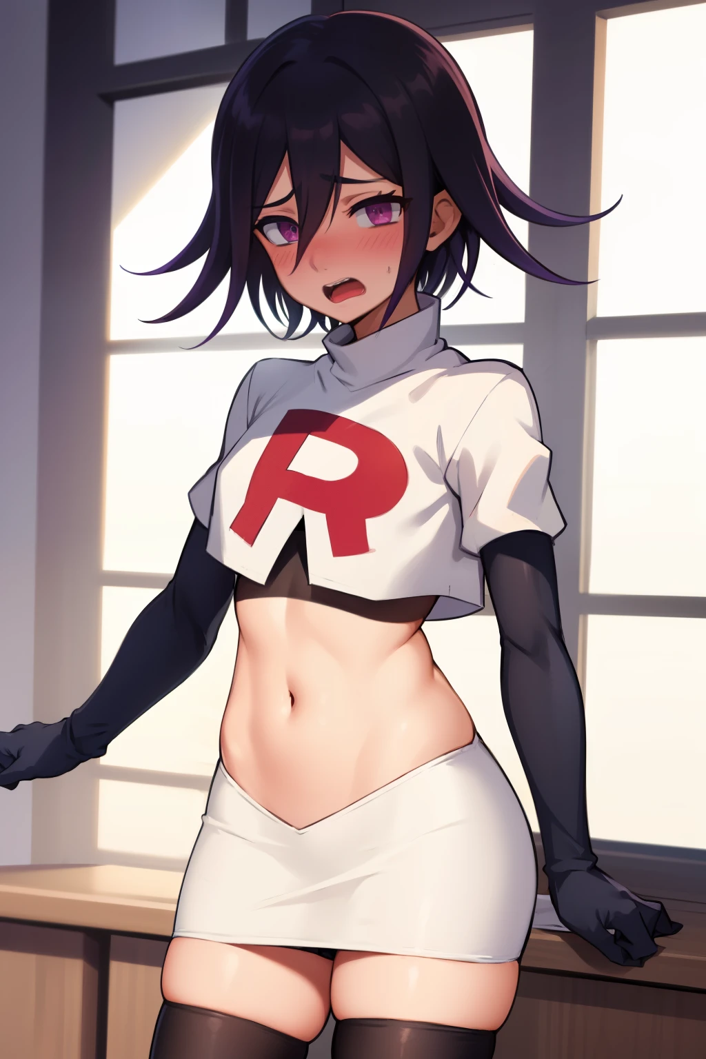 absurdres, cowboy shot, solo, male focus, trap, 1boy, crossdressing,1boy, oma kokichi, team rocket,team rocket uniform,white skirt,red letter R,crop top,black thigh-highs,black elbow gloves, embarrassed, blush
