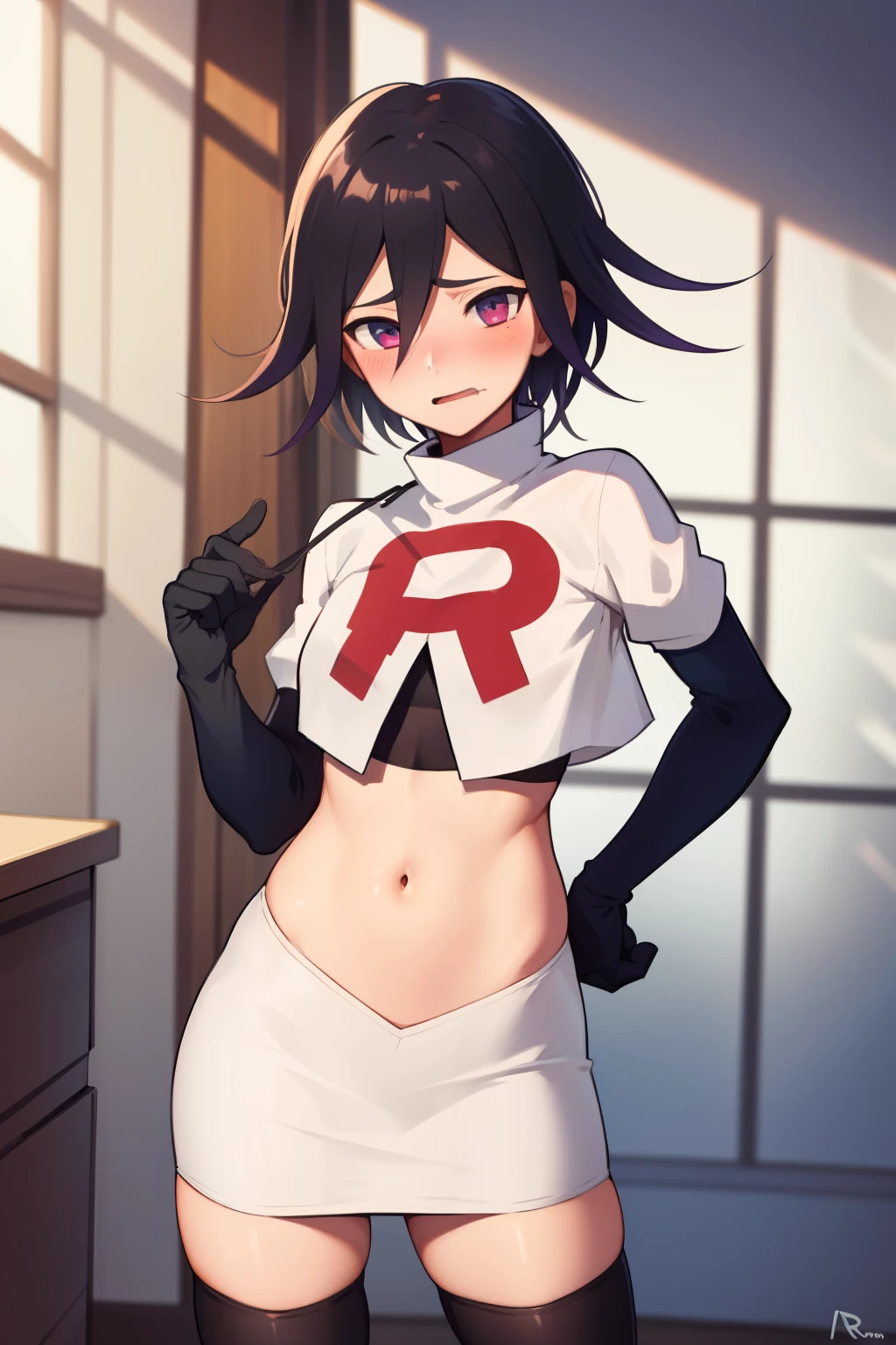 absurdres, cowboy shot, solo, male focus, trap, 1boy, crossdressing,1boy, oma kokichi, team rocket,team rocket uniform,white skirt,red letter R,crop top,black thigh-highs,black elbow gloves, embarrassed, blush