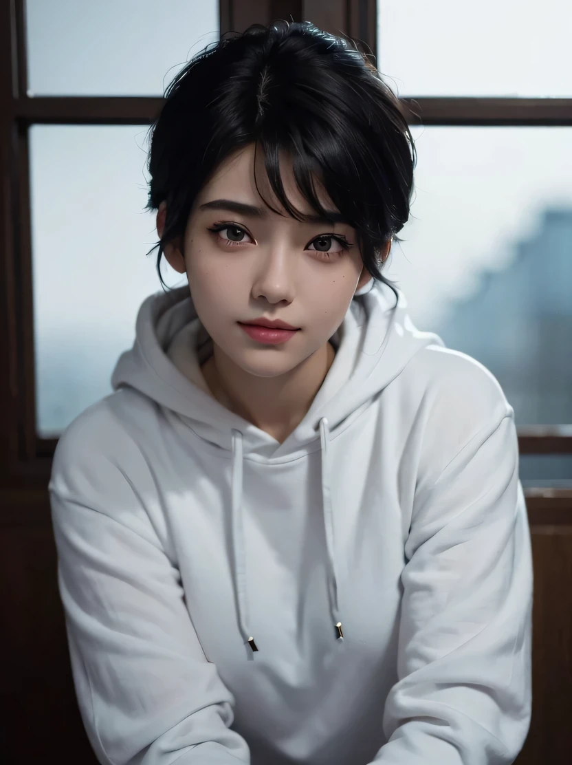 ((masterpiece、highest quality、Super detailed、High resolution、realistic、sharp focus、cinematic lighting))、(1 girl)、bust shot、beautiful face、realistic顔、(black hair、boyish short hair、high top fade、all back)、beautiful hairstyle、symmetrical eyes、beautiful eyes、beautiful skin、smile、fold your arms、thick hoodie、attractive appearance