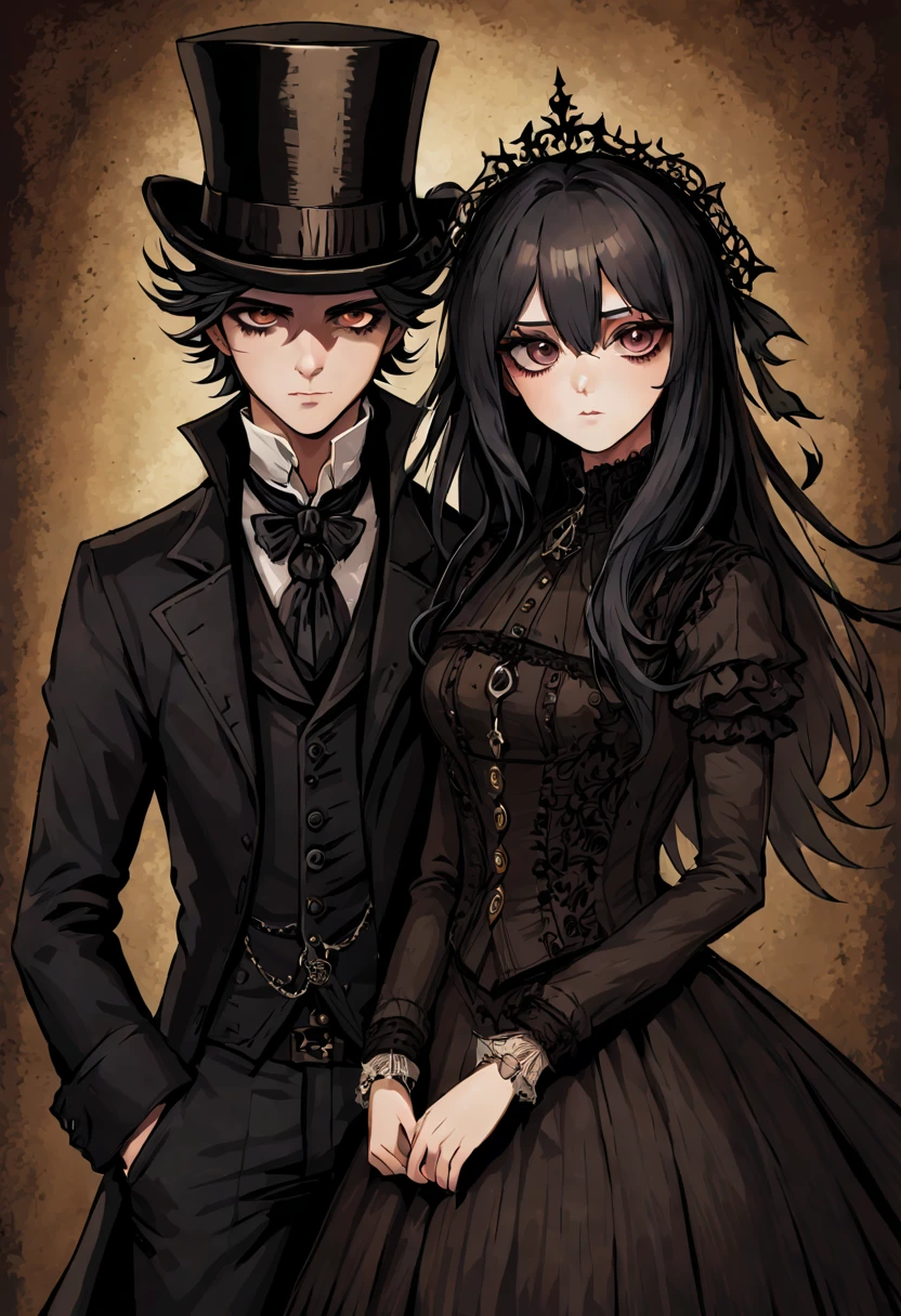 （Mejor calidad，Obra maestra:1.2，Detalles detallados）,( una pareja heterosexual:1.5, estilo dark,ojos grandes)，(Small pieces， cabello negro esponjoso），（oscuro Gothic，Victorian steampunk gothic style）, oscuro, escenario oscuro con calaberas de adorno 32k