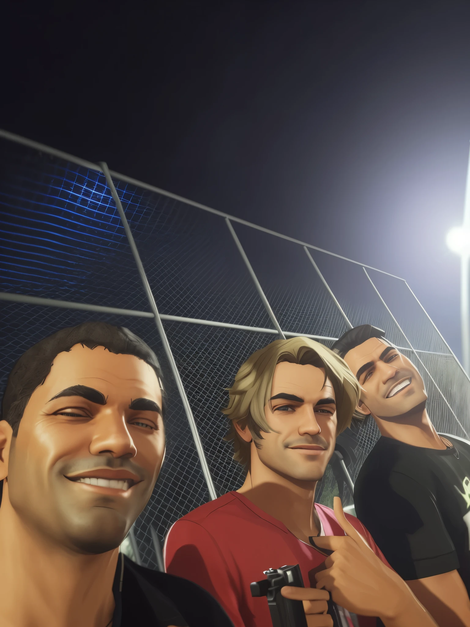 GTA V style, three men sitting on a park bench, the first is black and has a closed-mouth smile, the second is white with big, blonde hair holding a gun, and the third is smiling with his teeth showing, image rich in details, gta V style, colorful