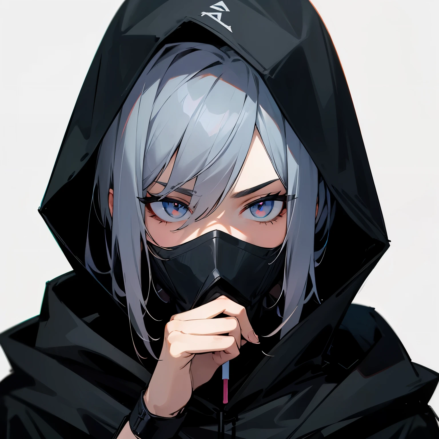 A , wearing a all black mask, hiding his face while wearing his hood, also while eating a lollipop