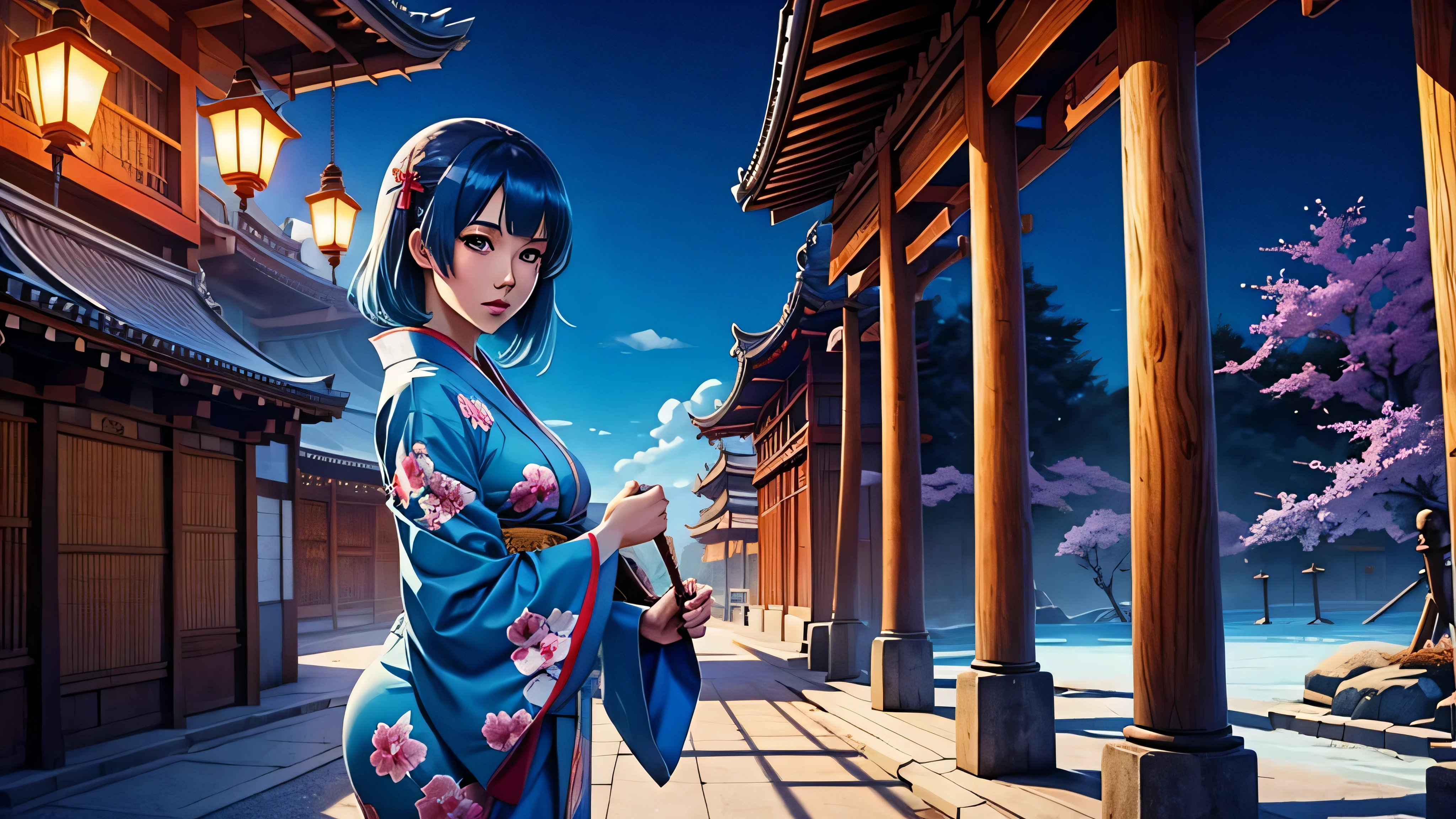 (melhor qualidade:1.2), anime,Oriental Clothing,quimono,cabelo azul,templo sagrado