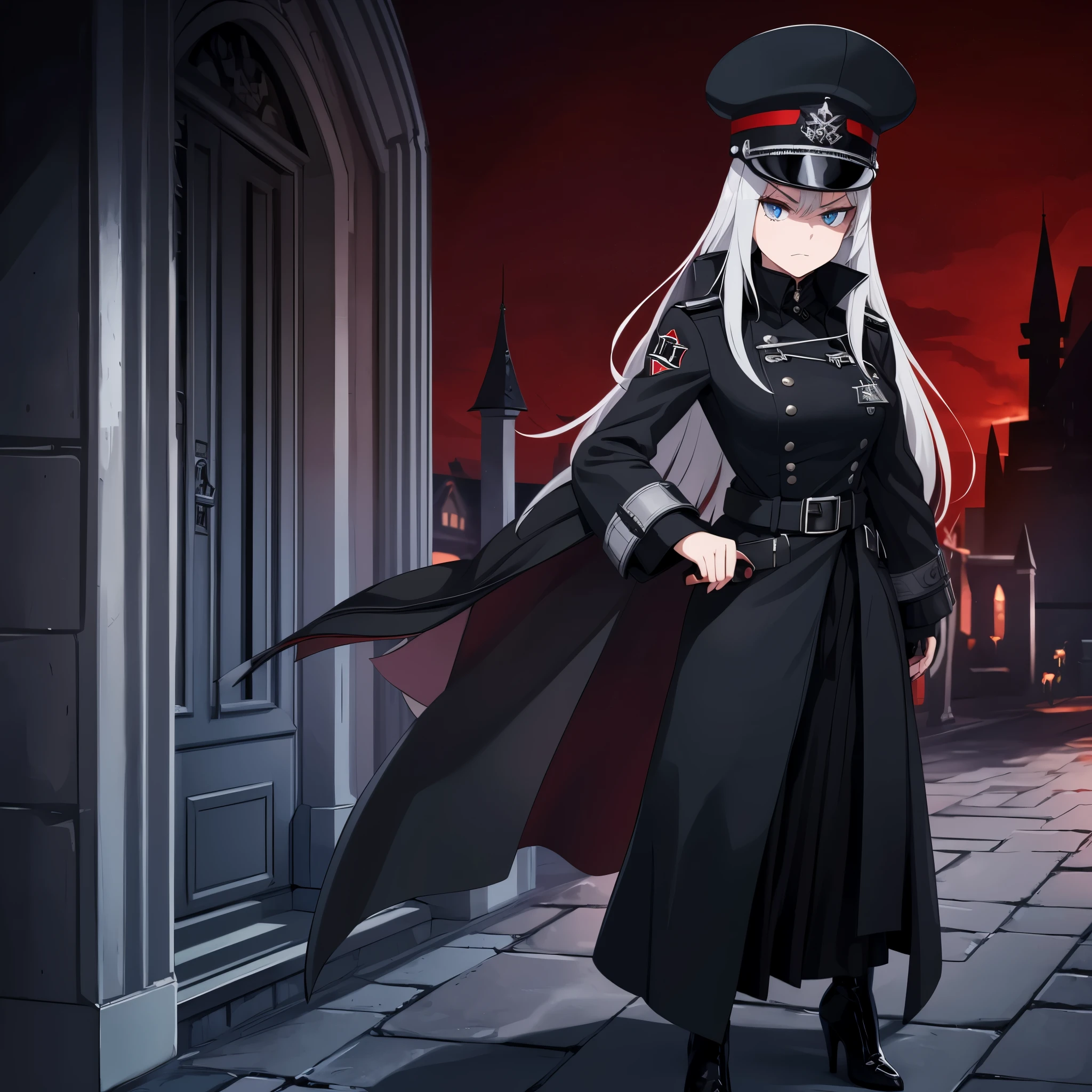 A woman, with silver hair with two red strands, hair covering her left eye, light blue eyes, wearing a long black gothic coat with a little reddish tone, with iron cross symbols on the silver coat, black officer's hat with dress detail, with iron cross on hat, heels with iron cross detail, in Nordic castle at night, serious face.
