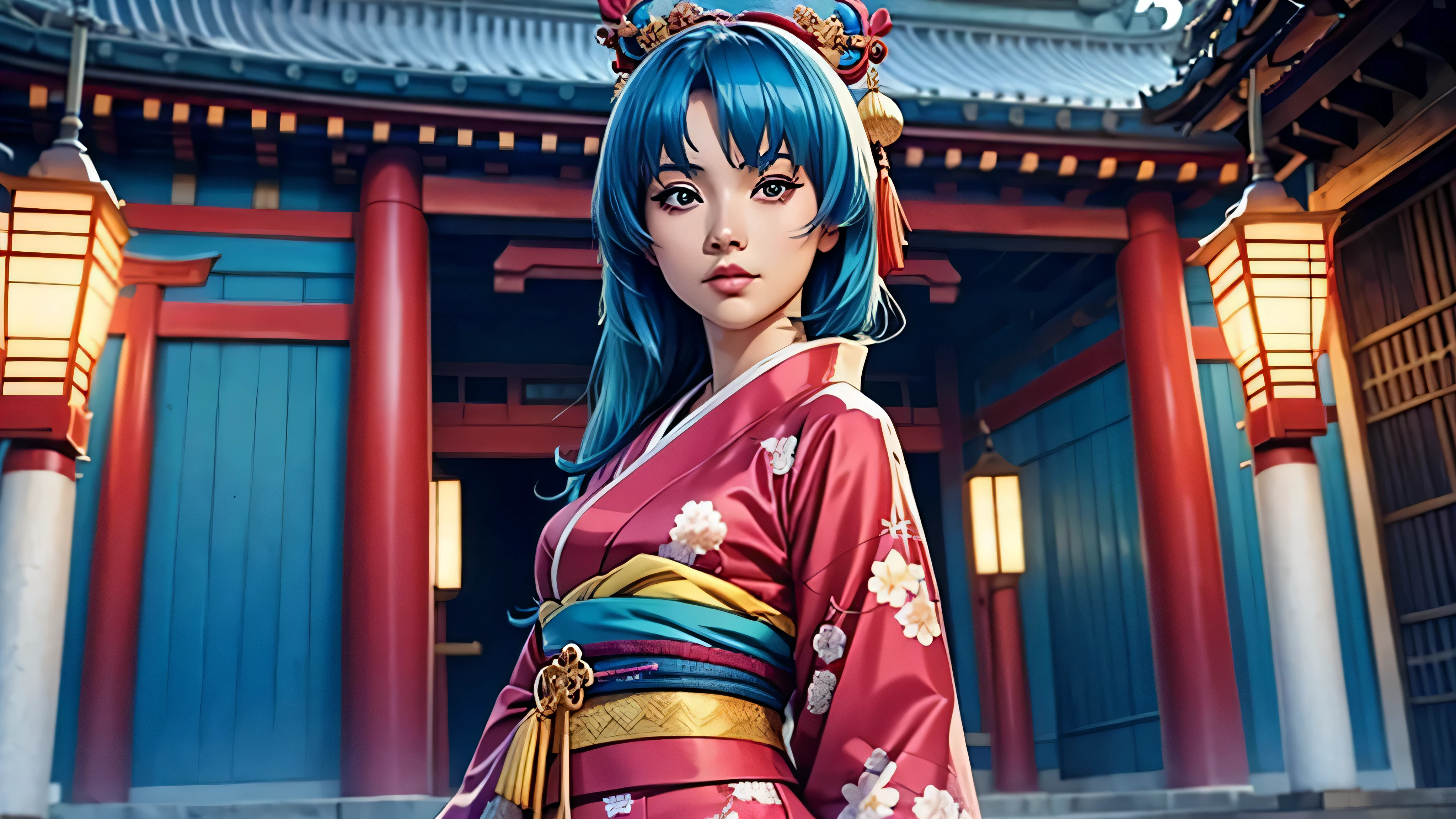 (melhor qualidade:1.2), anime,Oriental Clothing,quimono,cabelo azul,templo sagrado