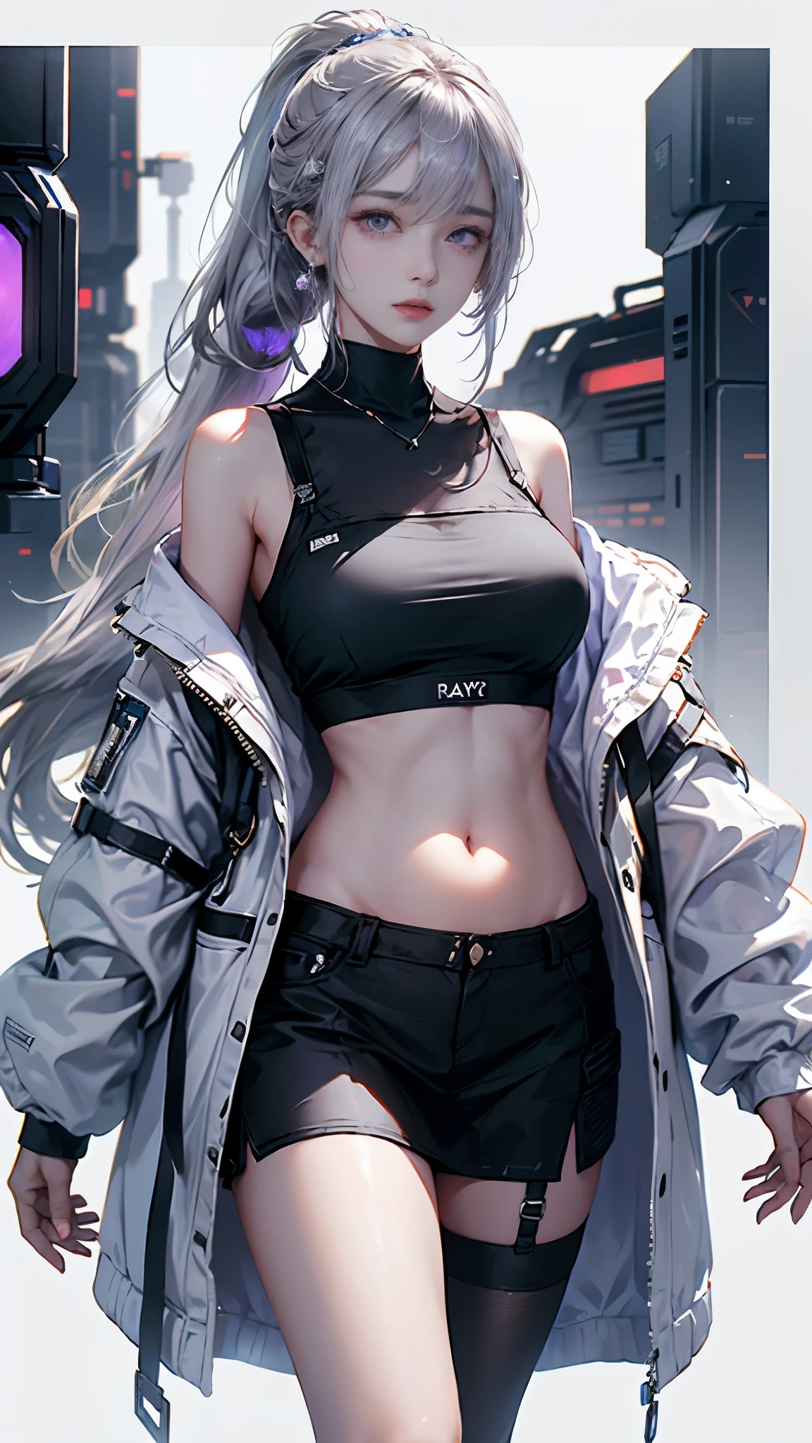 (La Mejor calidad,A high resolution,Ultra - detallado,actual),Ariana Grande, con cola de caballo use botas blancas .( White color you are a cyber girl:1.4 ) .. Ropa como catsuit.( El cabello es blanco:1.4) . Led como. estilo taciturno. And both hands also have LED light..More detailed 8K.Motor irreal:1.4,HD,La Mejor calidad:1.4, fotorrealista:1.4, textura de la piel:1.4, Obra maestra:1.8,Obra maestra, Mejor calidad,objeto Objeto], (rasgos faciales detallados:1.3),(Las proporciones correctas),(Ojos hermosos azules),  (pose vaquero), (perfect anatomy:1.4 ), ,( ciberpunk 2.1),