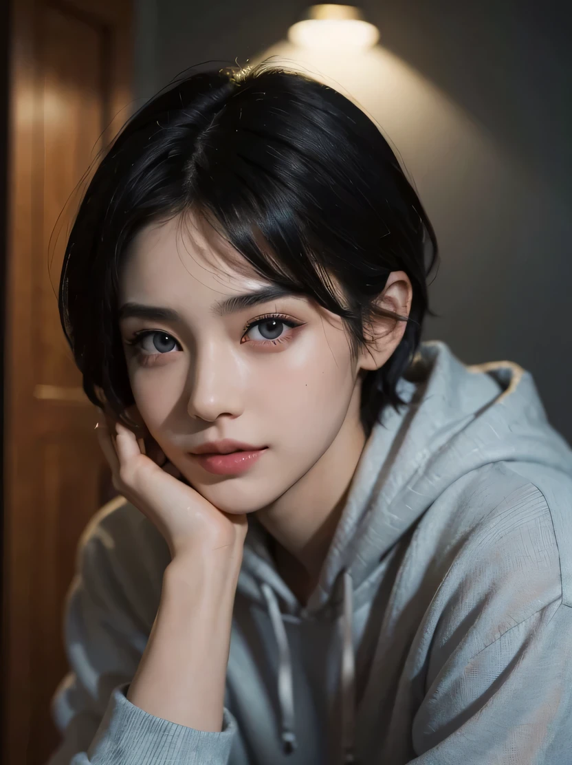 ((masterpiece、highest quality、Super detailed、High resolution、realistic、sharp focus、cinematic lighting))、(1 girl)、bust shot、beautiful face、realistic顔、(black hair、boyish short hair、high top fade、all back)、beautiful hairstyle、symmetrical eyes、beautiful eyes、beautiful skin、smile、fold your arms、thick hoodie、attractive appearance