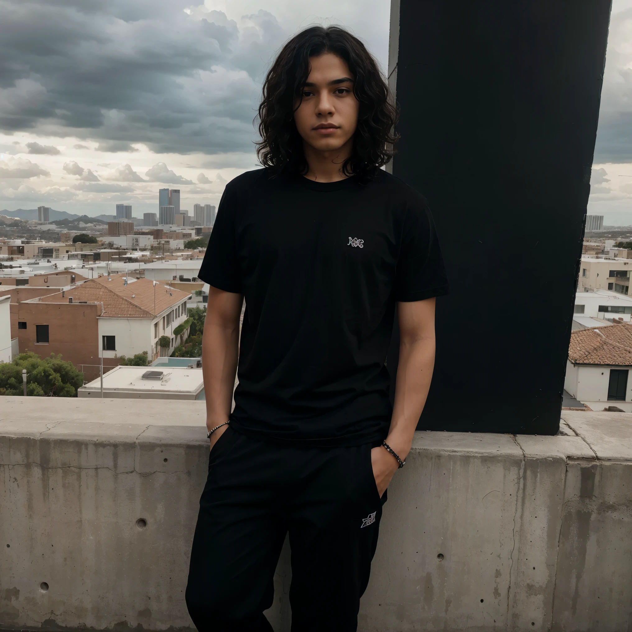  latin boy with black curly hair wearing a black t-shirt and black pants, Los Angeles view in the background in a cloudy day , luxury Aesthetic, black aesthetic, Dark luxury Aesthetic 
